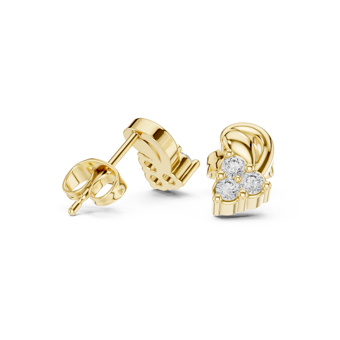 Round Cut Diamond Trio Cluster Twist Scroll Motif Stud Earrings in Collet Setting