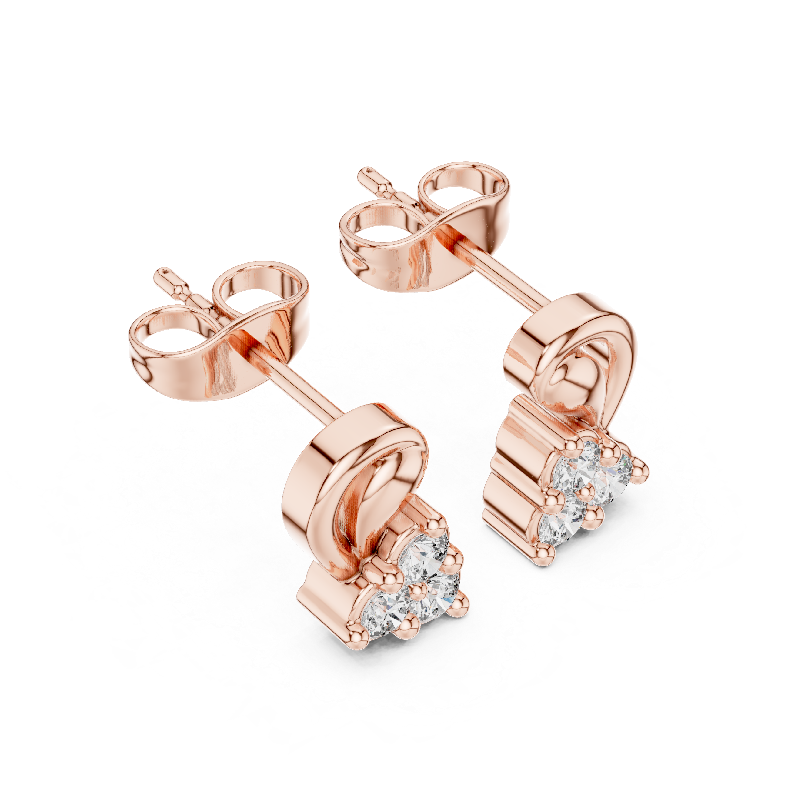 Round Cut Diamond Trio Cluster Twist Scroll Motif Stud Earrings in Collet Setting