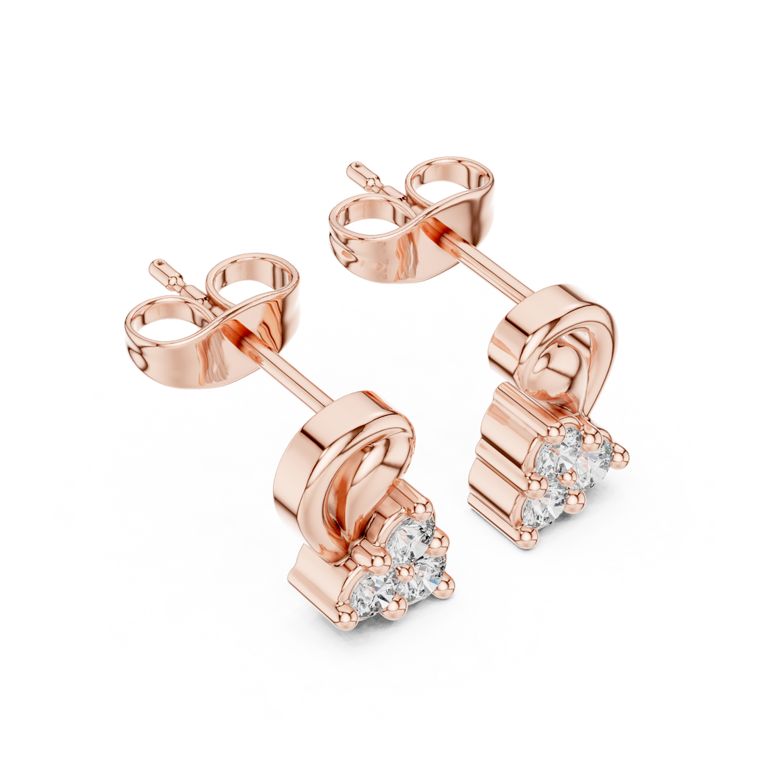 Round Cut Diamond Trio Cluster Twist Scroll Motif Stud Earrings in Collet Setting