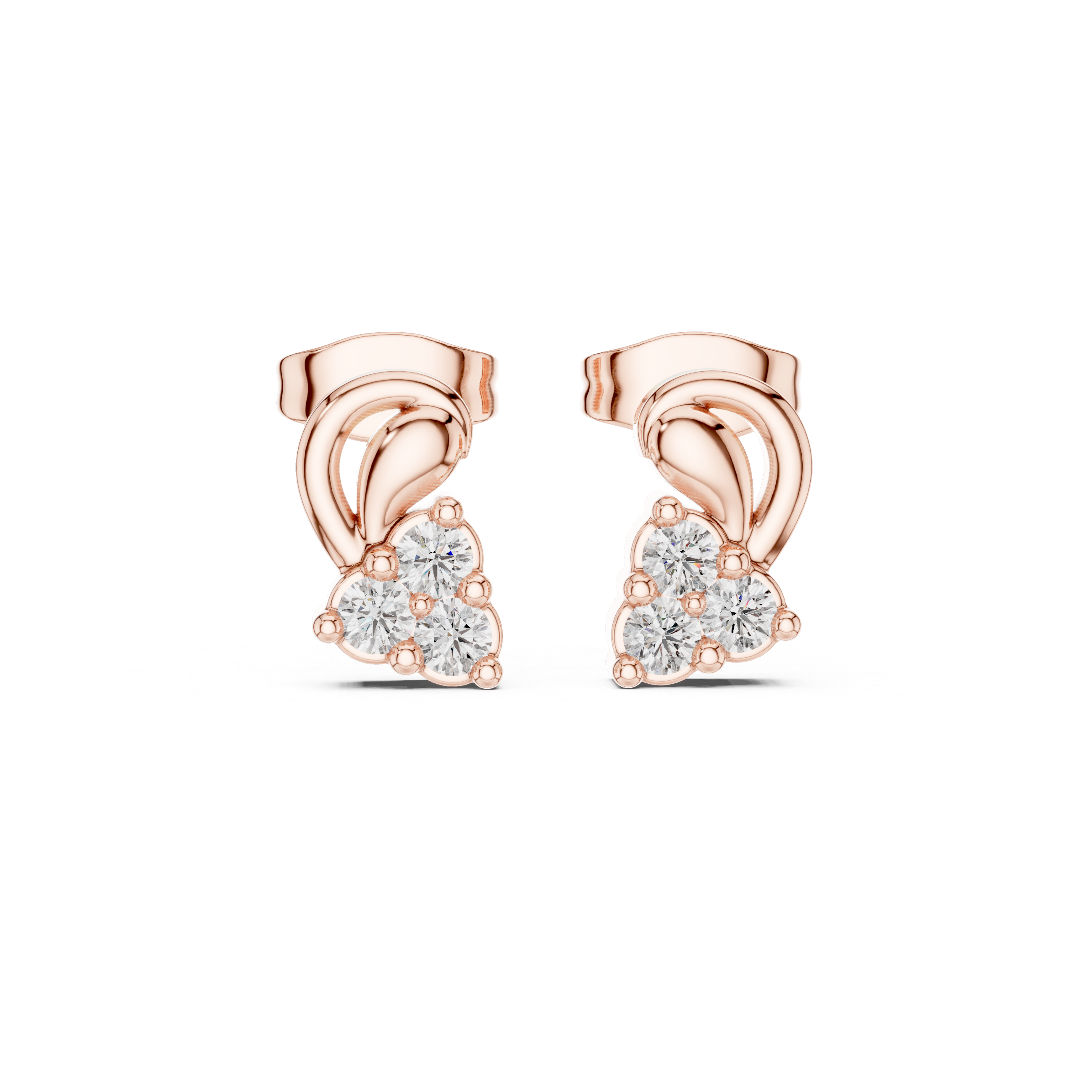 Round Cut Diamond Trio Cluster Twist Scroll Motif Stud Earrings in Collet Setting