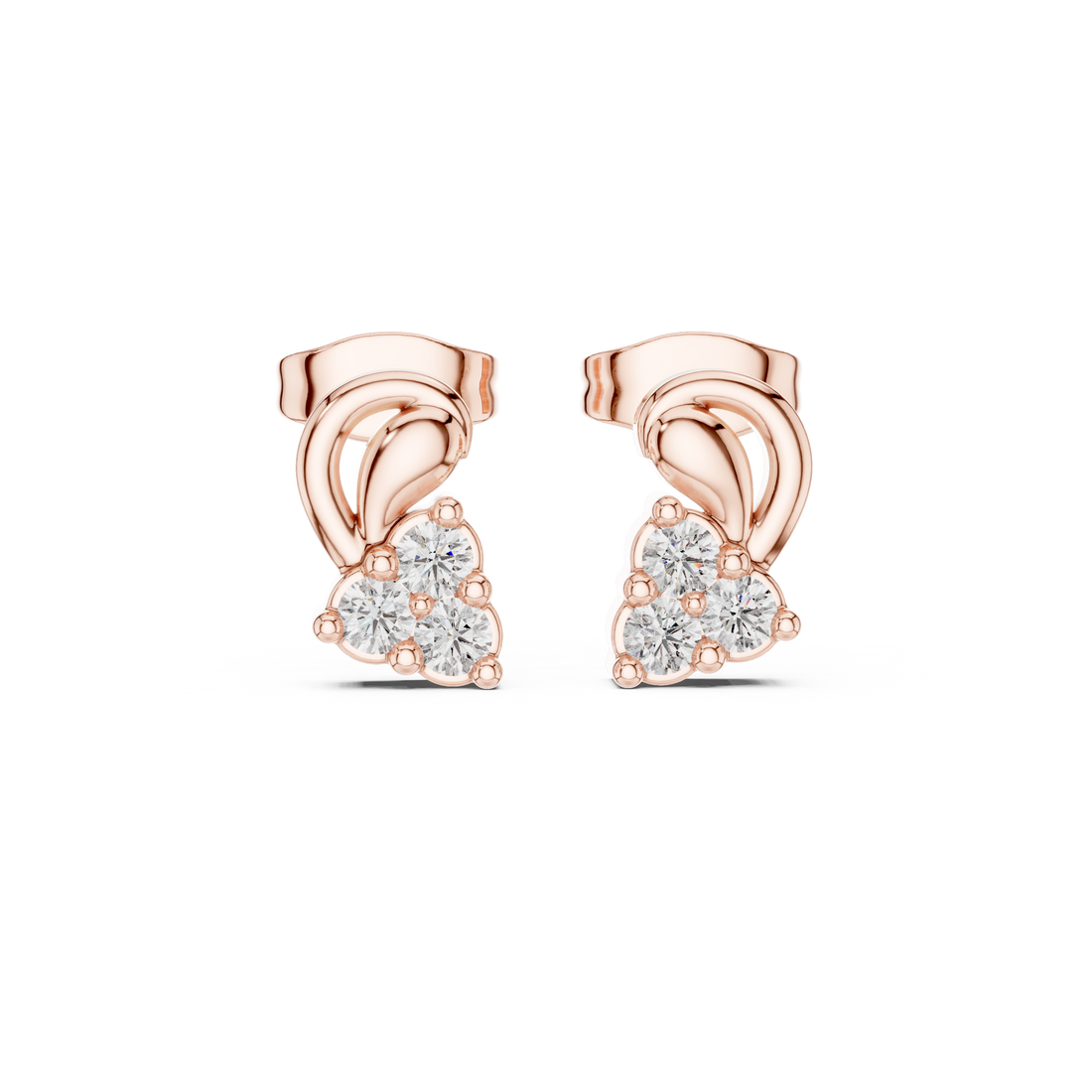 Round Cut Diamond Trio Cluster Twist Scroll Motif Stud Earrings in Collet Setting