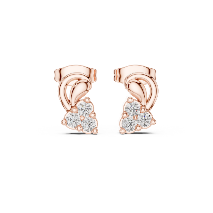 Round Cut Diamond Trio Cluster Twist Scroll Motif Stud Earrings in Collet Setting