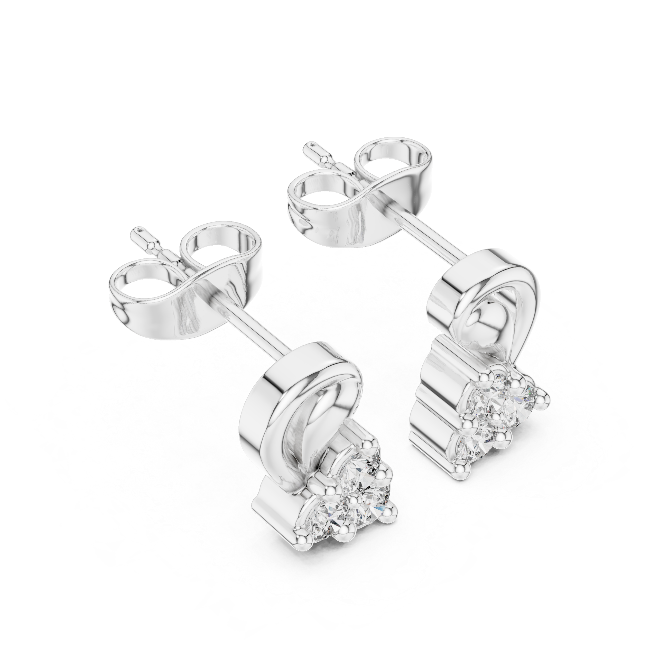 Round Cut Diamond Trio Cluster Twist Scroll Motif Stud Earrings in Collet Setting