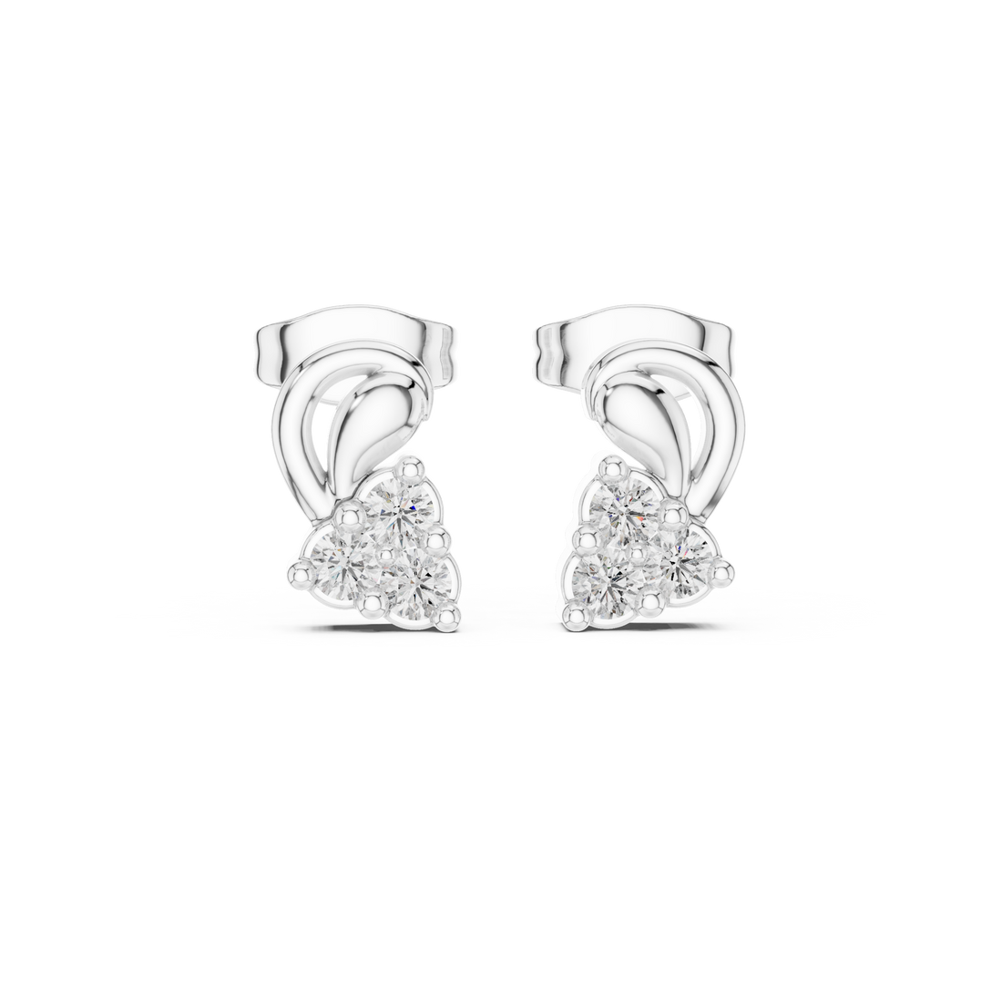 Round Cut Diamond Trio Cluster Twist Scroll Motif Stud Earrings in Collet Setting