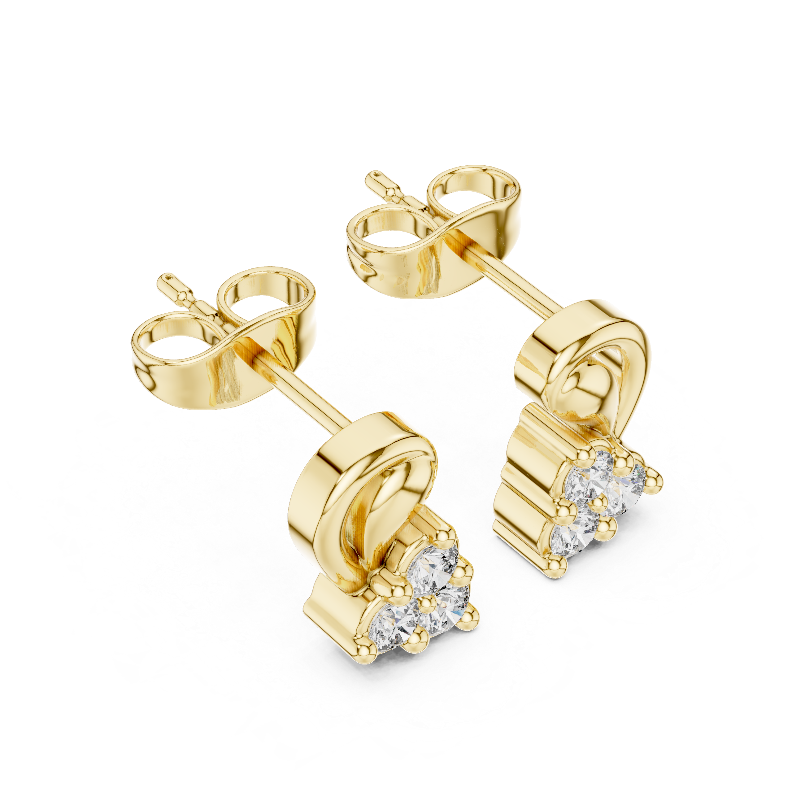 Round Cut Diamond Trio Cluster Twist Scroll Motif Stud Earrings in Collet Setting