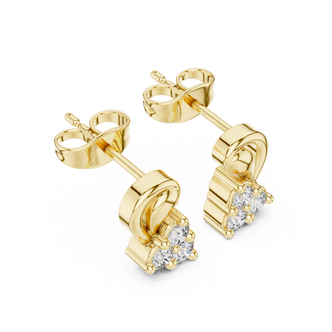 Round Cut Diamond Trio Cluster Twist Scroll Motif Stud Earrings in Collet Setting