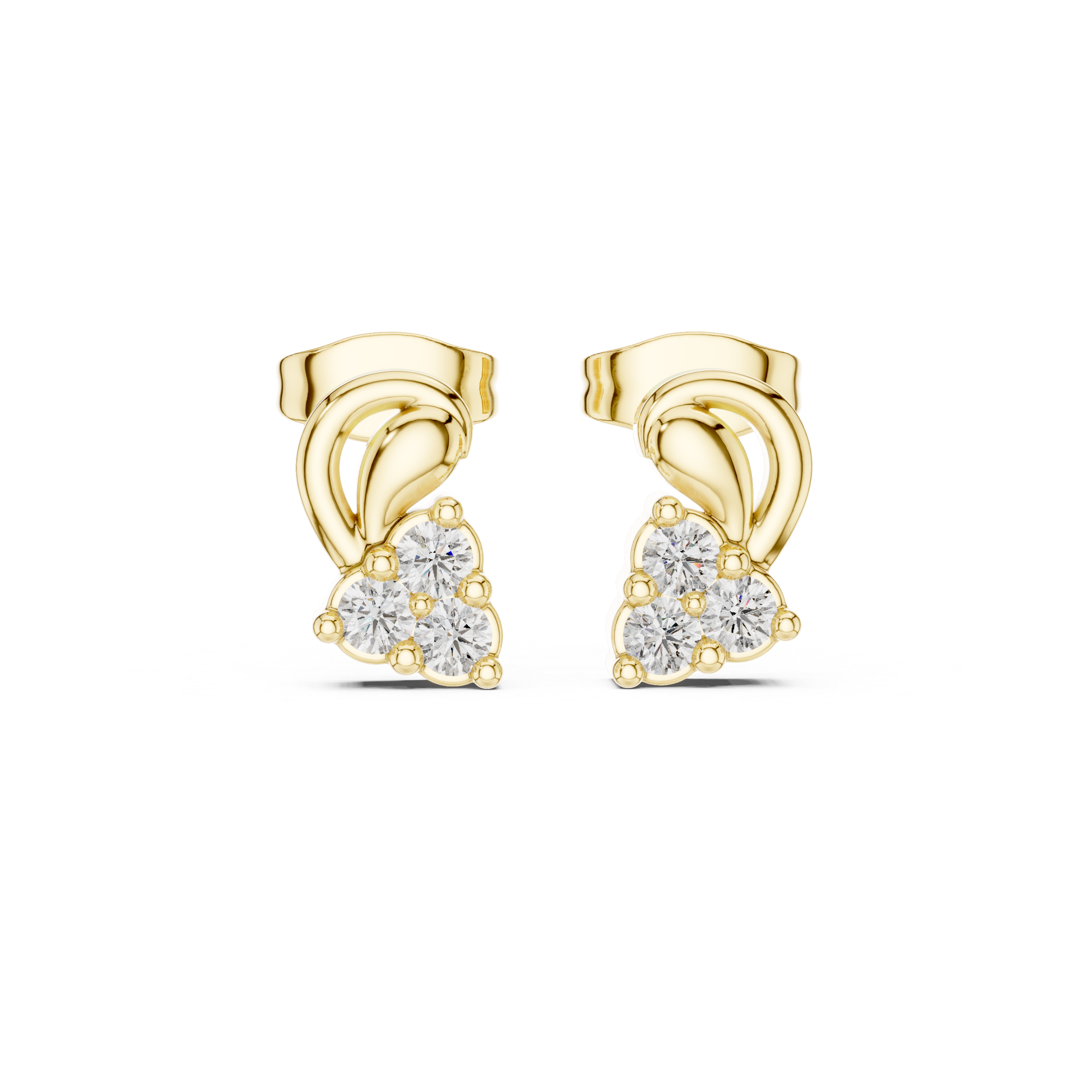 Round Cut Diamond Trio Cluster Twist Scroll Motif Stud Earrings in Collet Setting