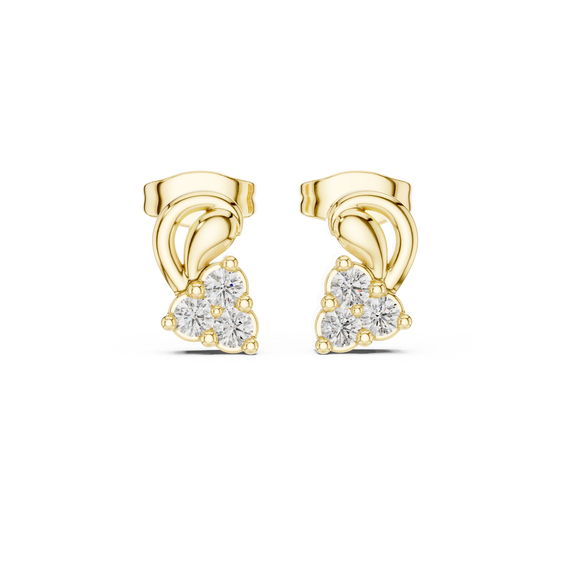 Round Cut Diamond Trio Cluster Twist Scroll Motif Stud Earrings in Collet Setting