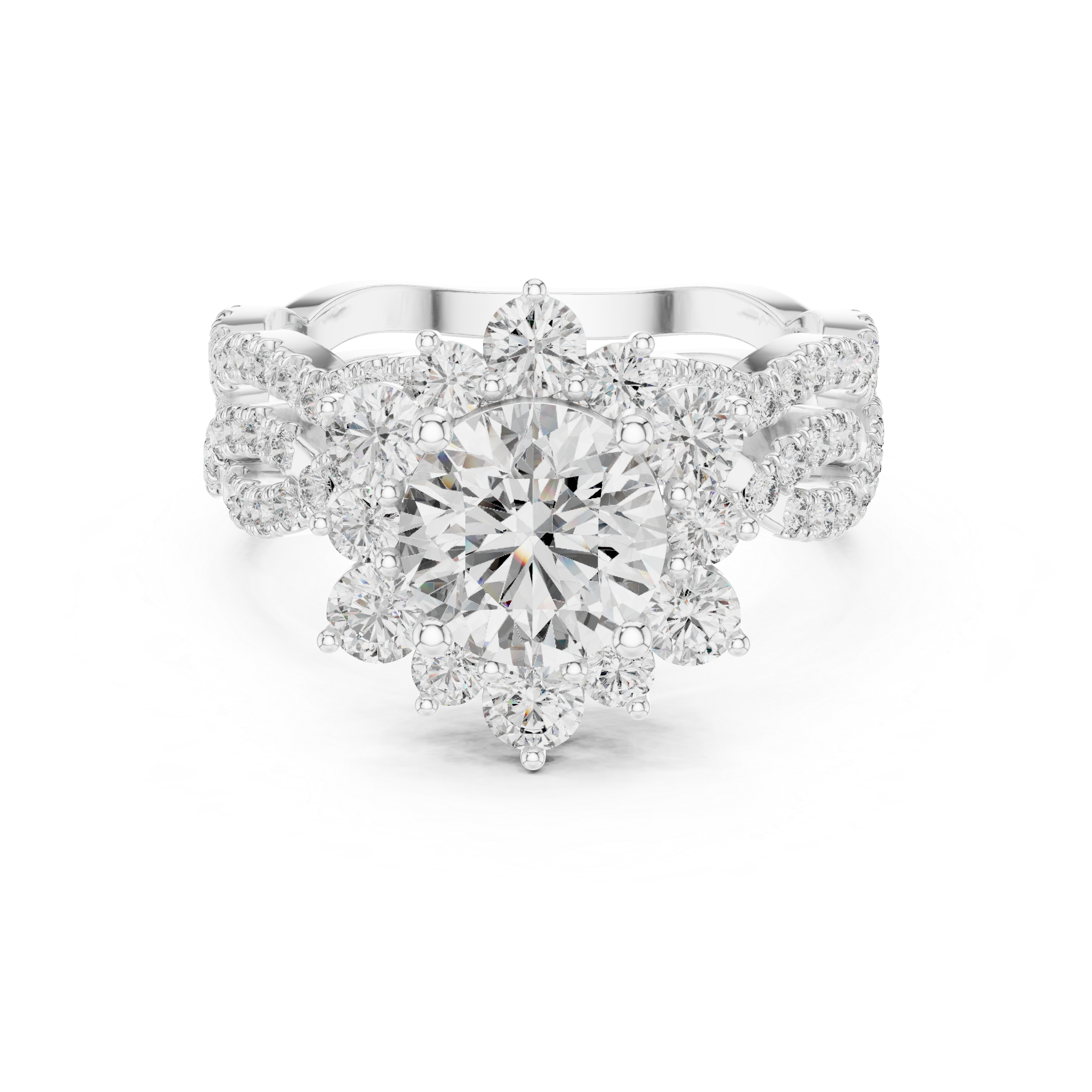 Round Cut Diamond Halo Ring with Pavé Split Shank