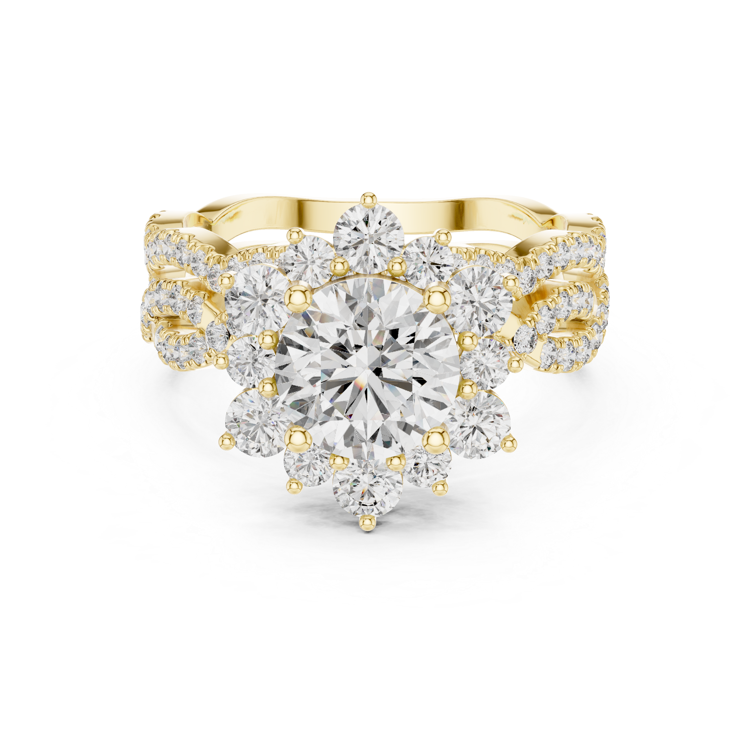 Round Cut Diamond Halo Ring with Pavé Split Shank