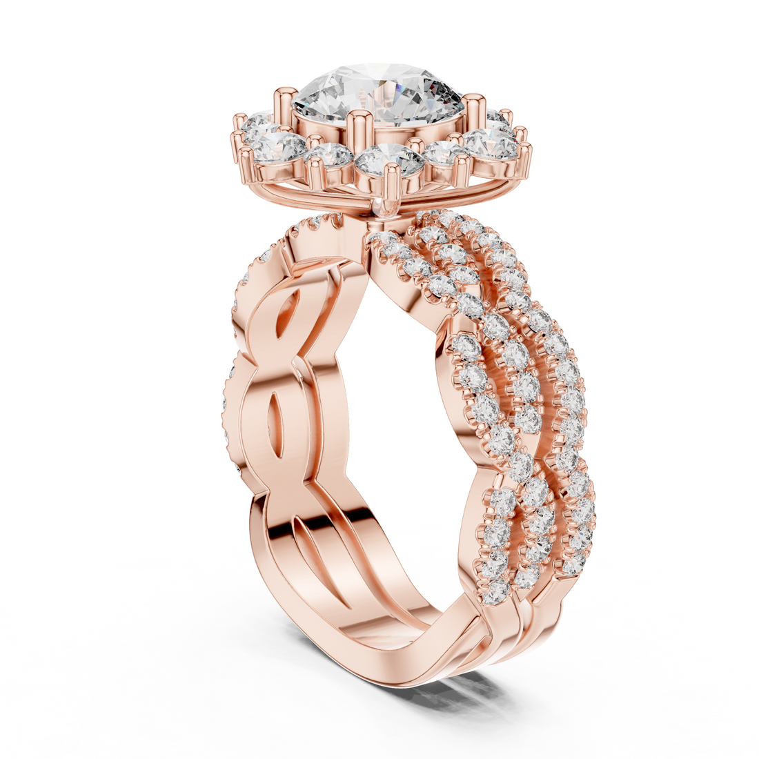 Round Cut Diamond Halo Ring with Pavé Split Shank