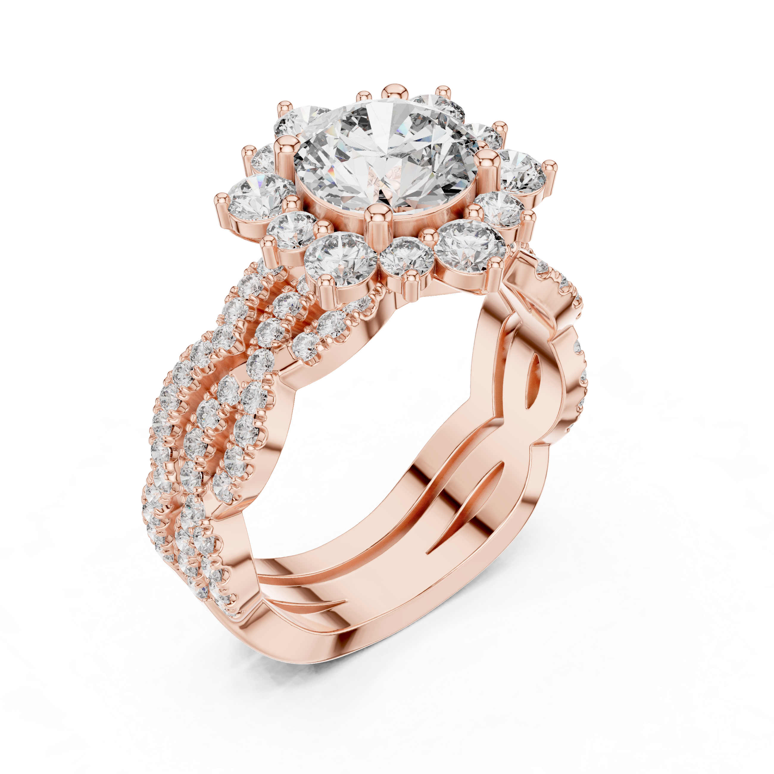 Round Cut Diamond Halo Ring with Pavé Split Shank