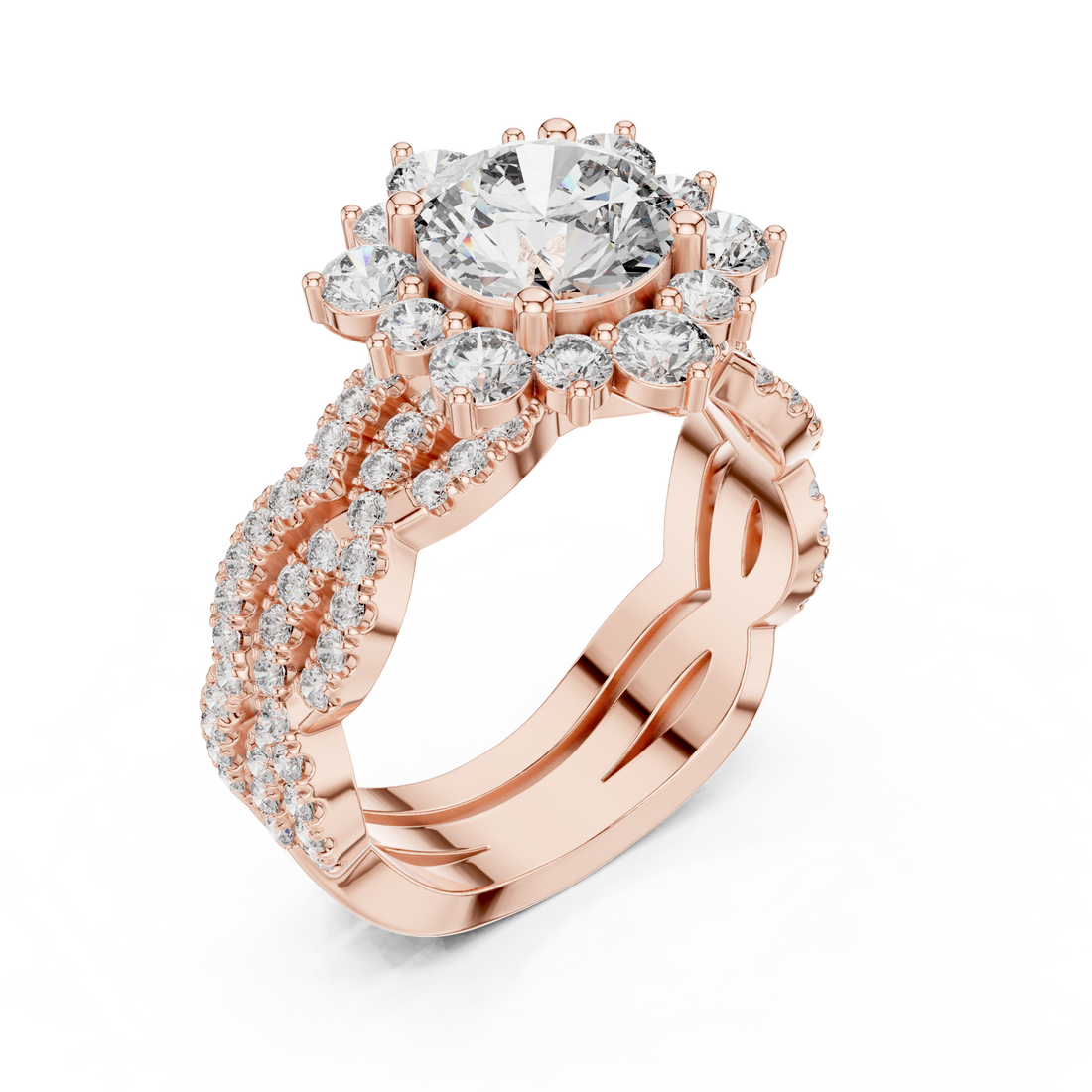 Round Cut Diamond Halo Ring with Pavé Split Shank
