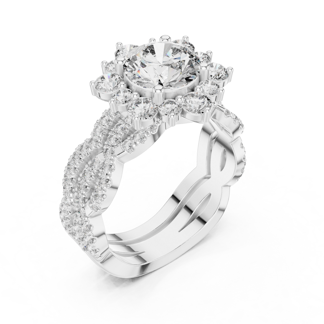Round Cut Diamond Halo Ring with Pavé Split Shank