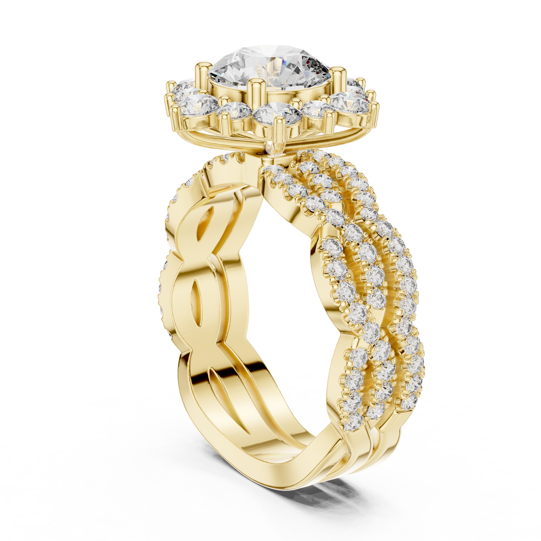 Round Cut Diamond Halo Ring with Pavé Split Shank