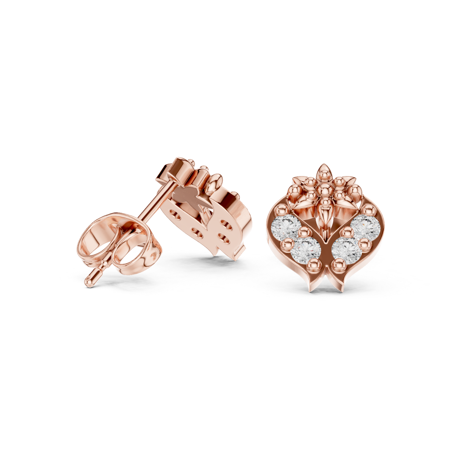 Round Brilliant Diamond Heart Motif Floral Cluster Stud Earrings