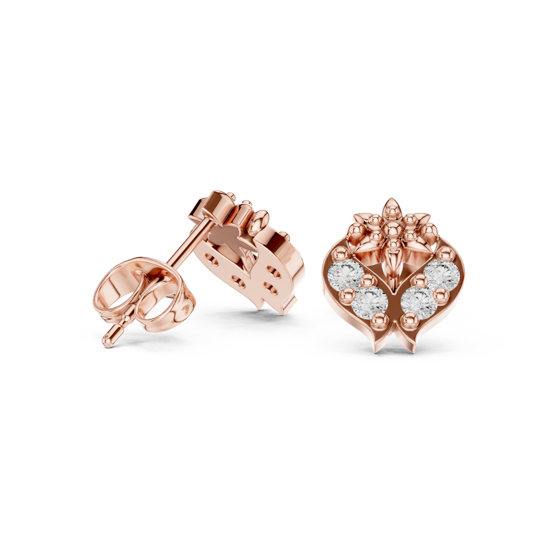 Round Brilliant Diamond Heart Motif Floral Cluster Stud Earrings