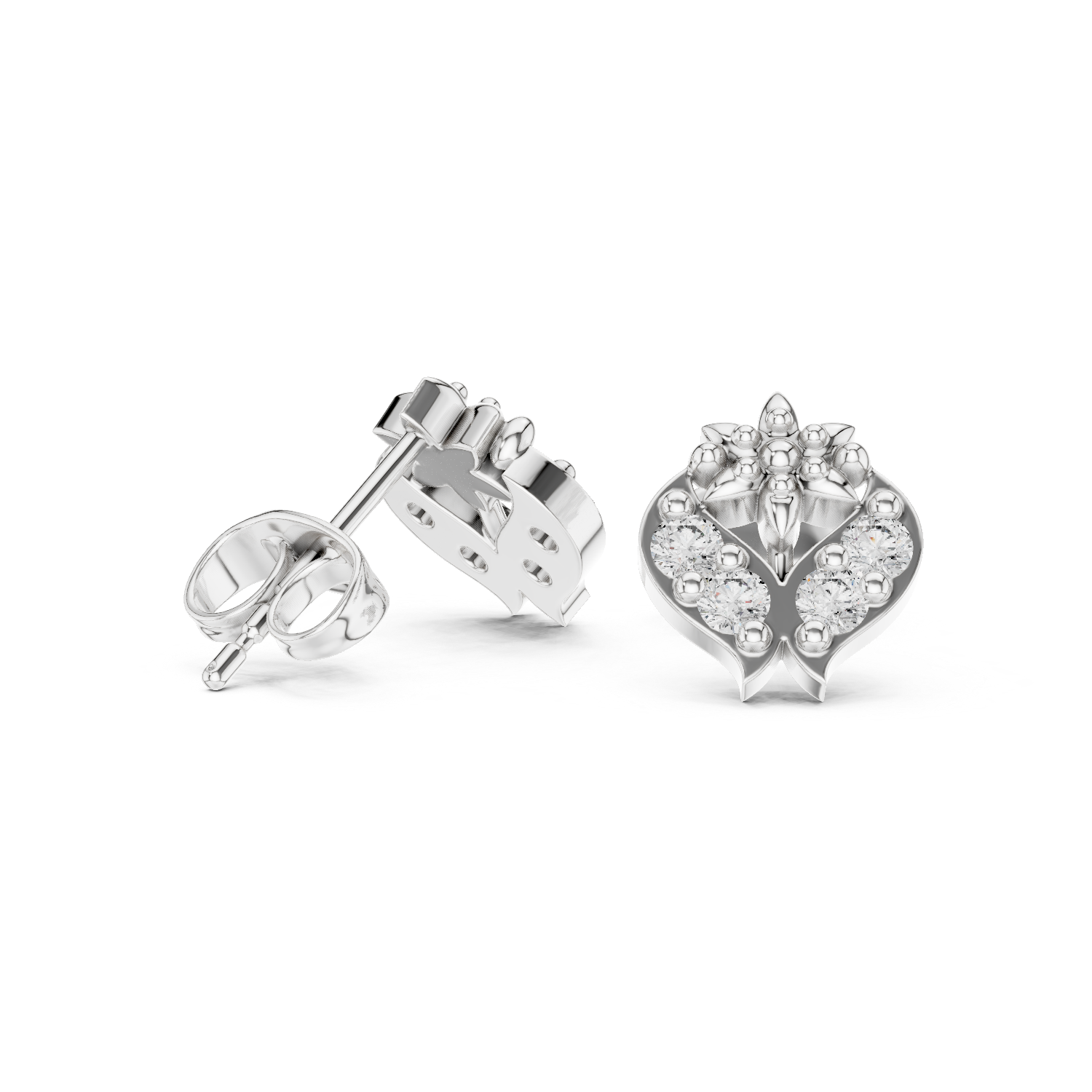 Round Brilliant Diamond Heart Motif Floral Cluster Stud Earrings