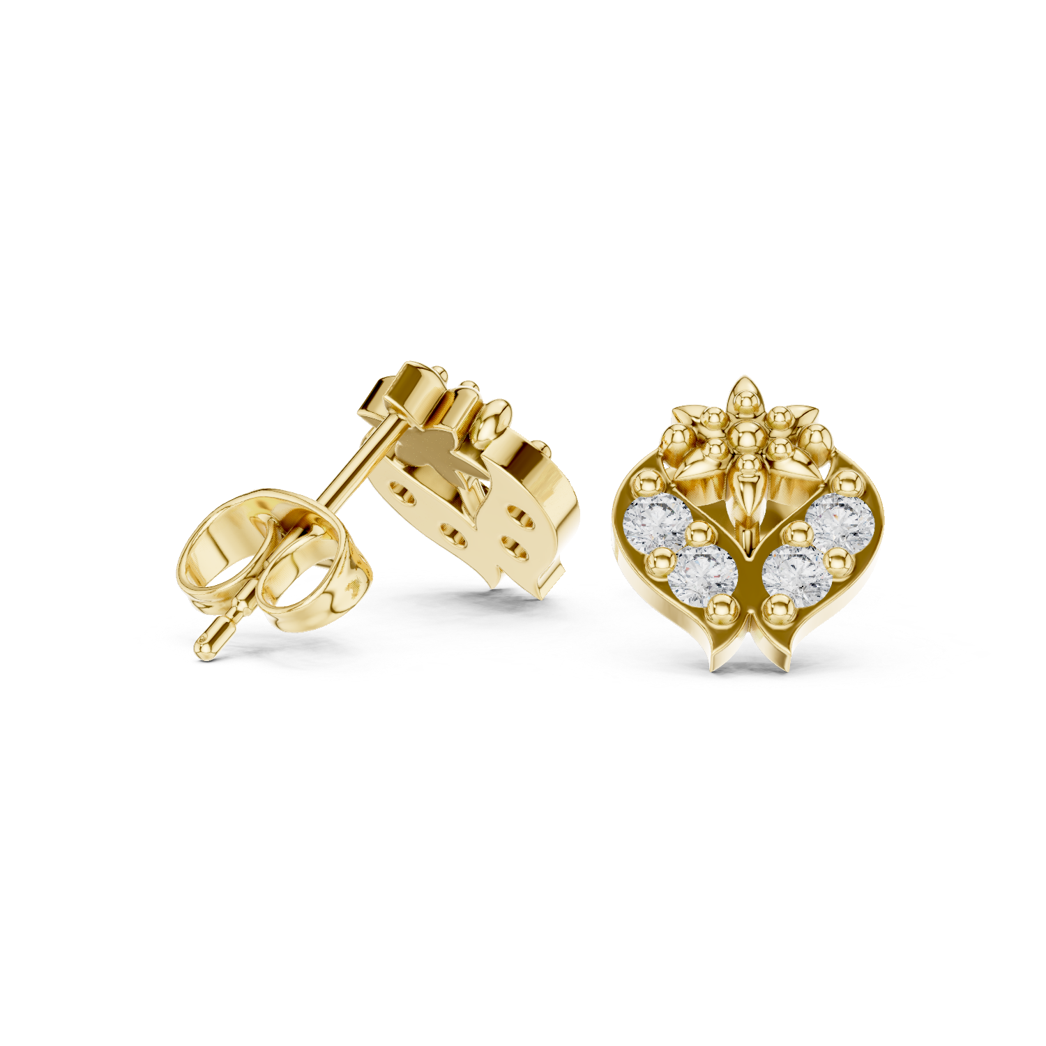 Round Brilliant Diamond Heart Motif Floral Cluster Stud Earrings