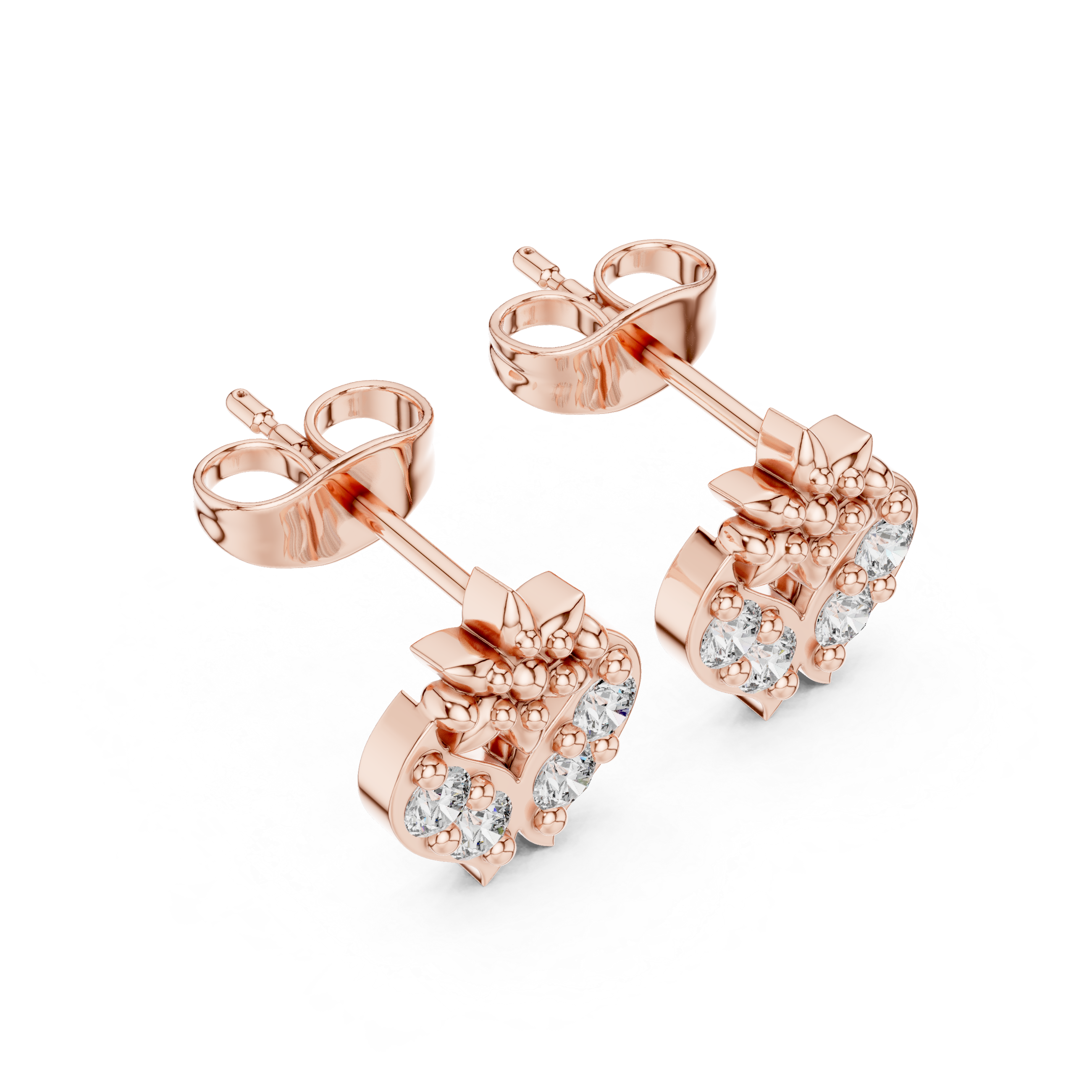 Round Brilliant Diamond Heart Motif Floral Cluster Stud Earrings