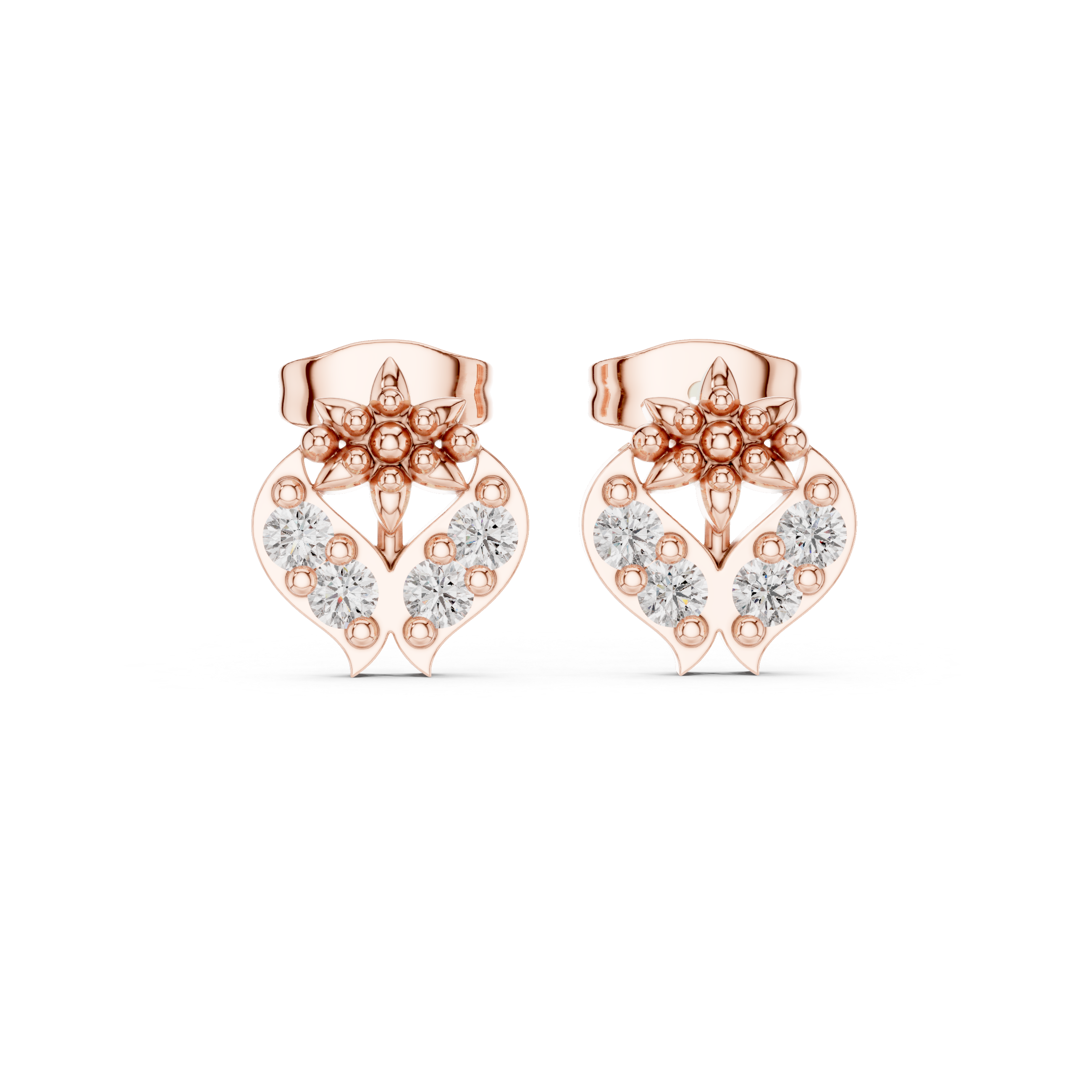 Round Brilliant Diamond Heart Motif Floral Cluster Stud Earrings