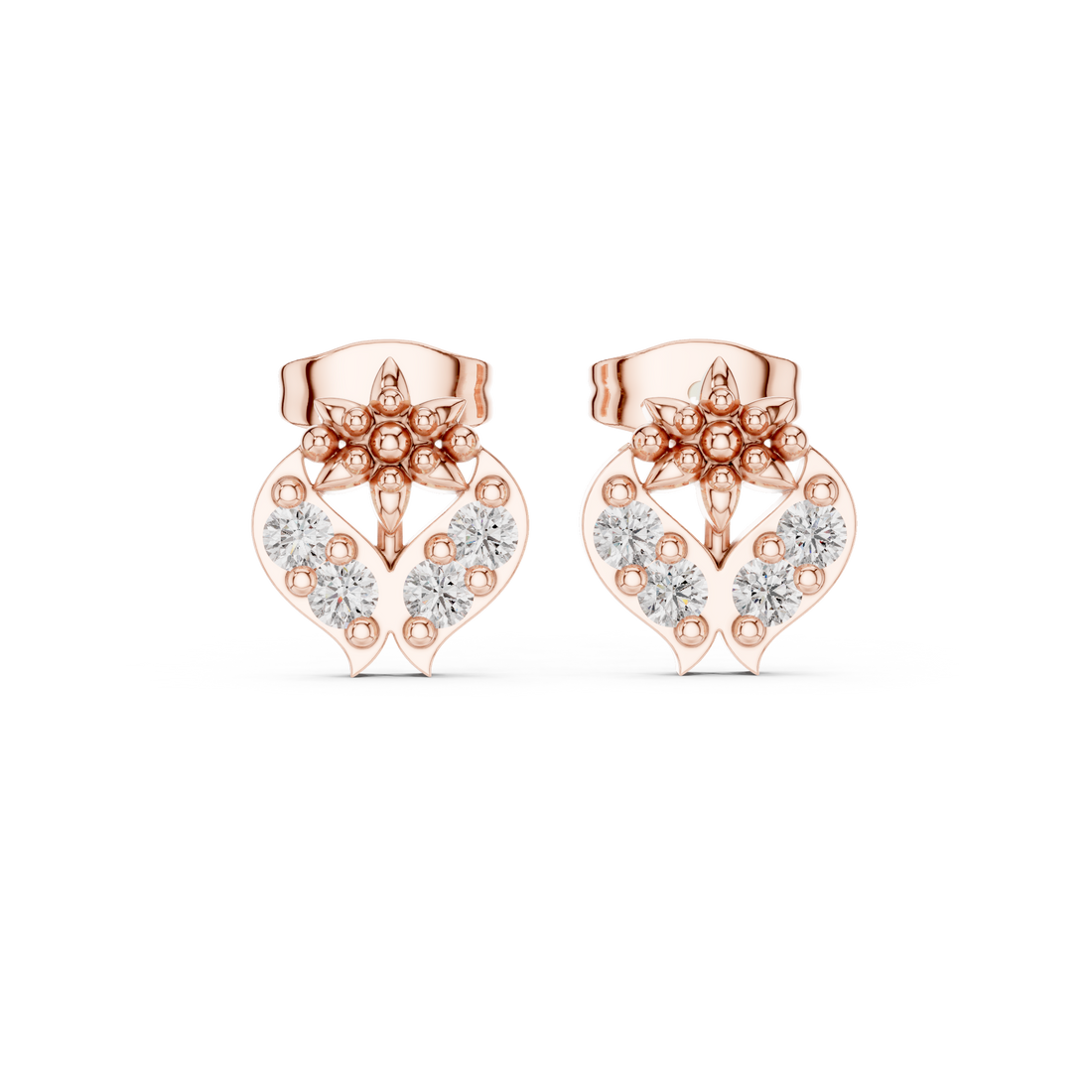 Round Brilliant Diamond Heart Motif Floral Cluster Stud Earrings