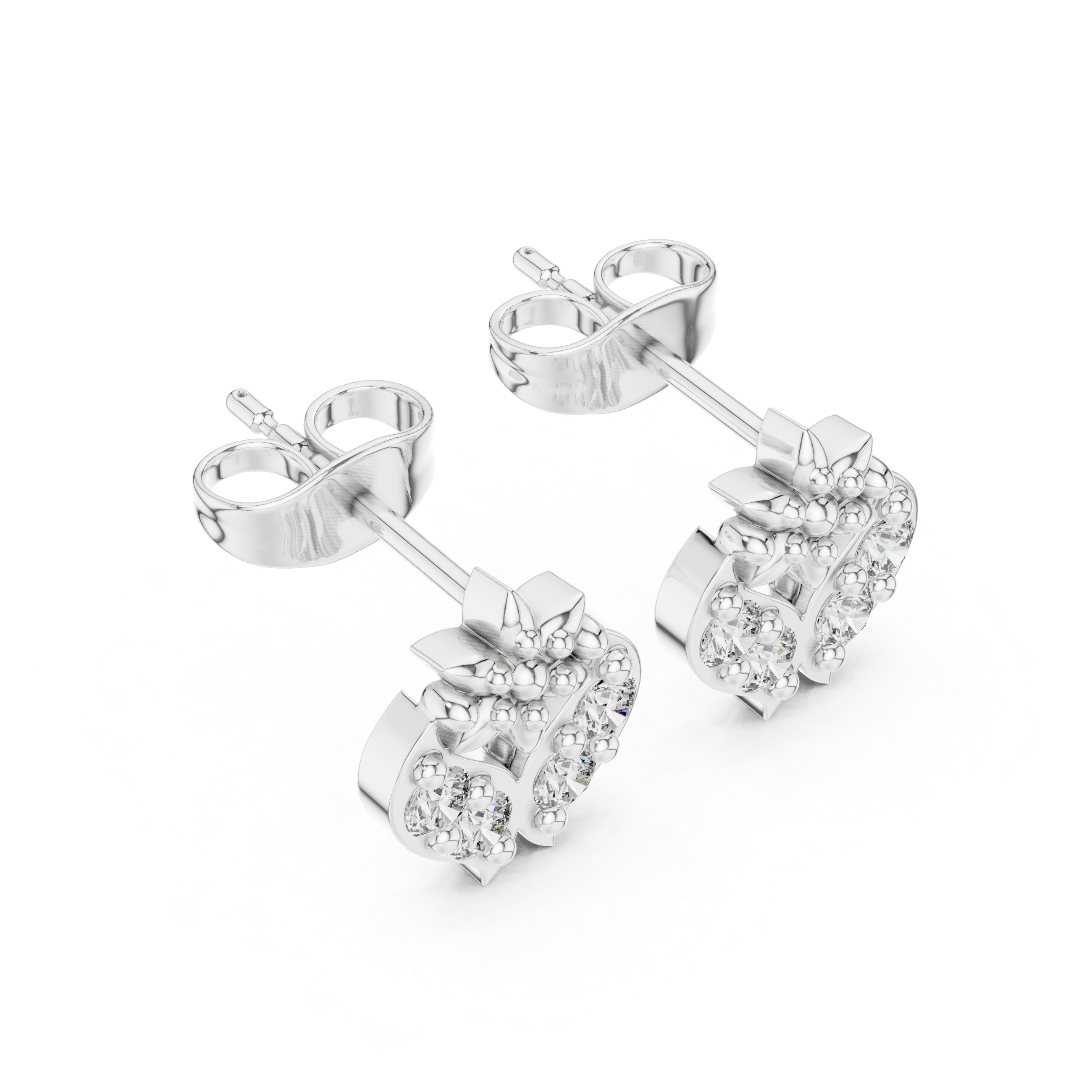 Round Brilliant Diamond Heart Motif Floral Cluster Stud Earrings