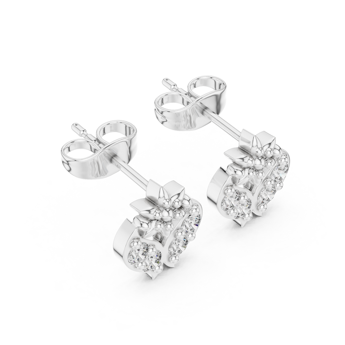 Round Brilliant Diamond Heart Motif Floral Cluster Stud Earrings