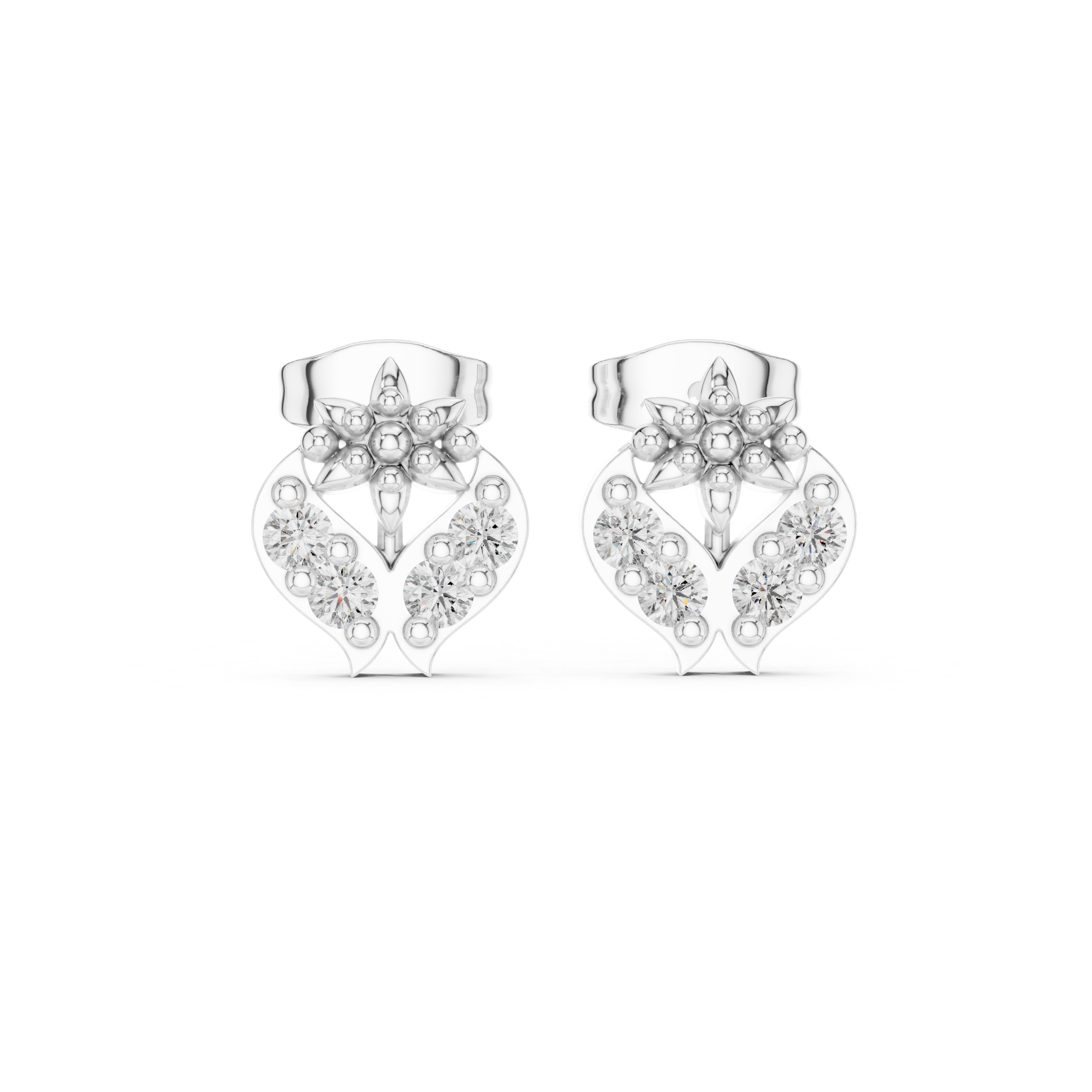 Round Brilliant Diamond Heart Motif Floral Cluster Stud Earrings