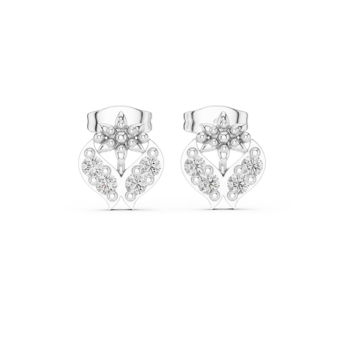 Round Brilliant Diamond Heart Motif Floral Cluster Stud Earrings