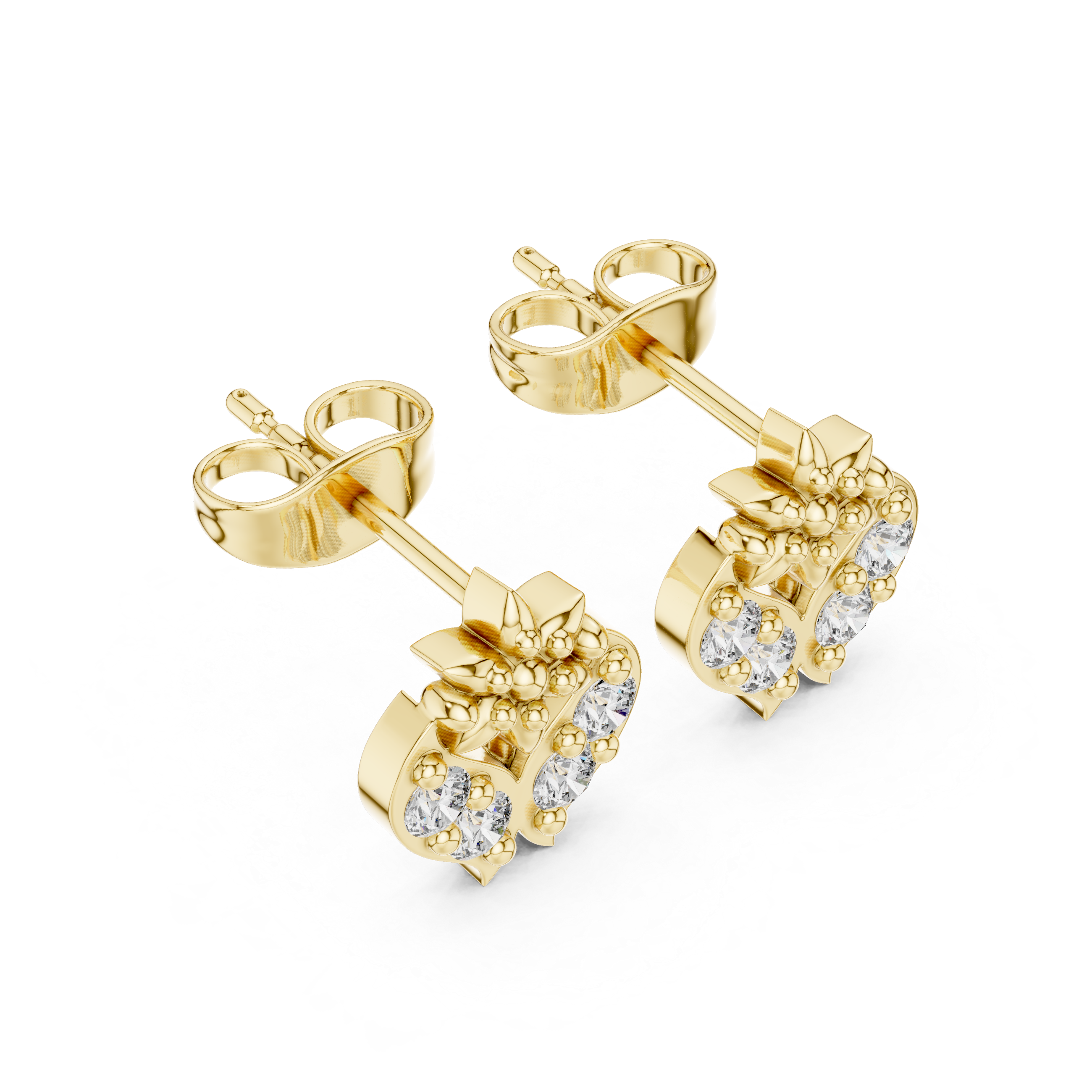 Round Brilliant Diamond Heart Motif Floral Cluster Stud Earrings