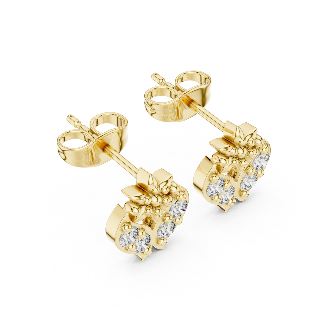 Round Brilliant Diamond Heart Motif Floral Cluster Stud Earrings