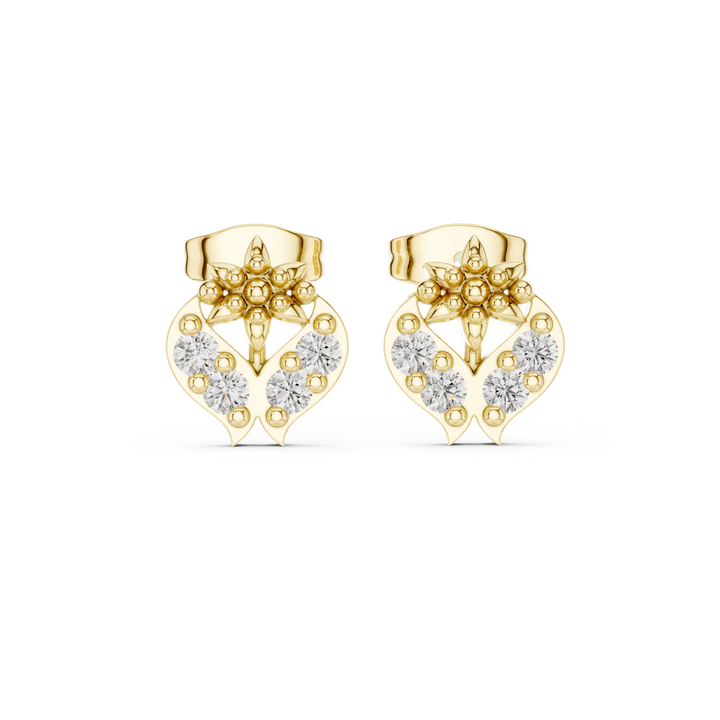 Round Brilliant Diamond Heart Motif Floral Cluster Stud Earrings