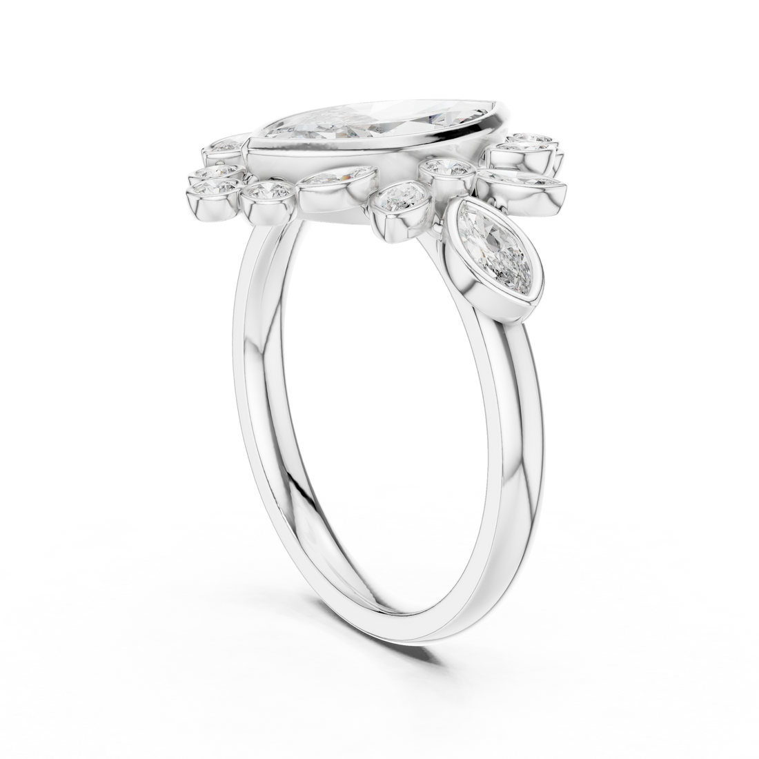 Round Cut Diamond Halo Statement Ring with Radiant Center