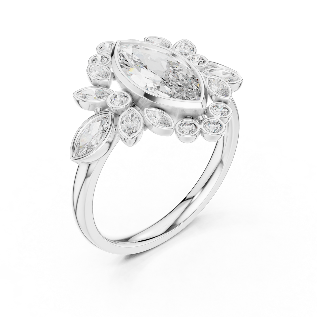 Round Cut Diamond Halo Statement Ring with Radiant Center