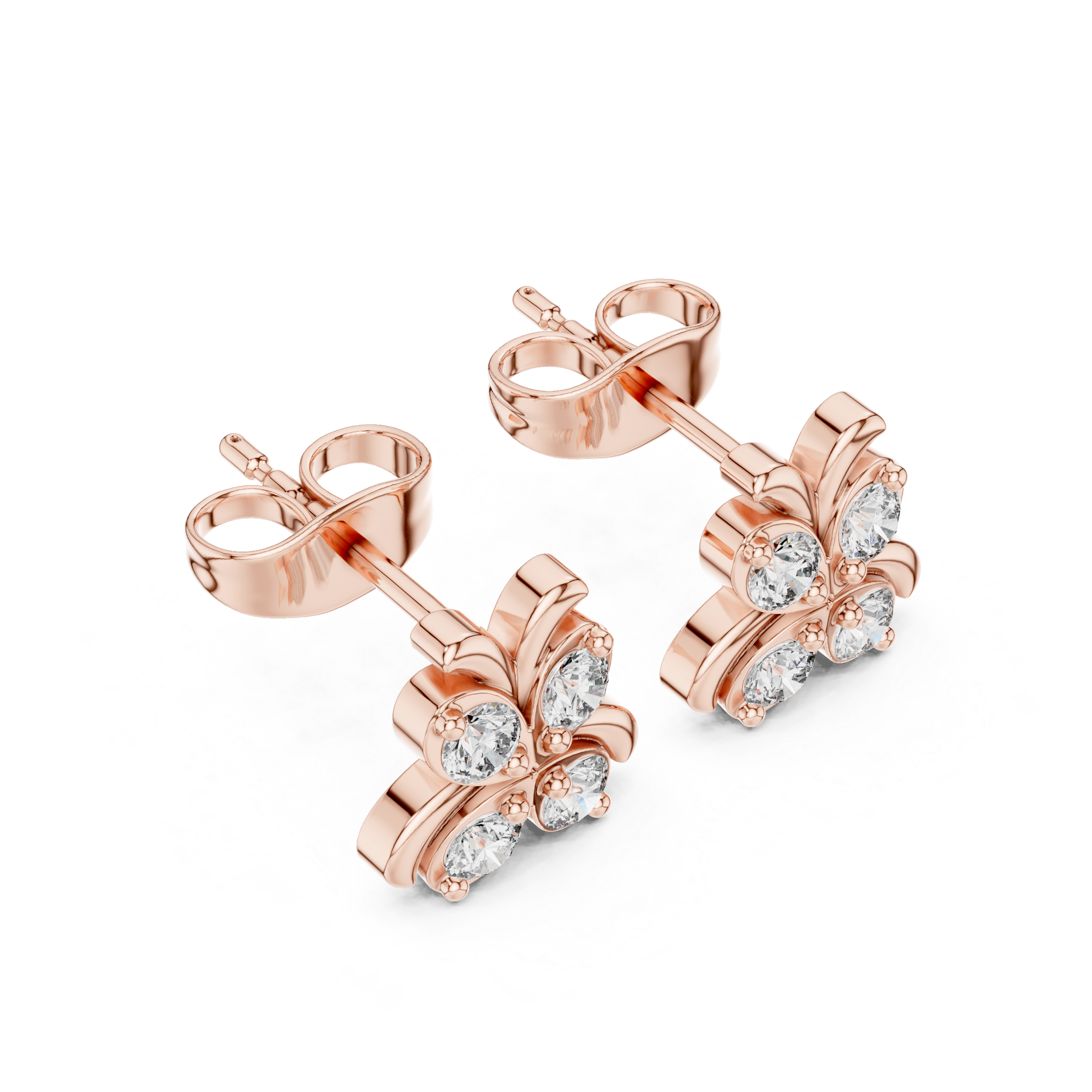 Round Brilliant Diamond Floral Butterfly Cluster Stud Earrings