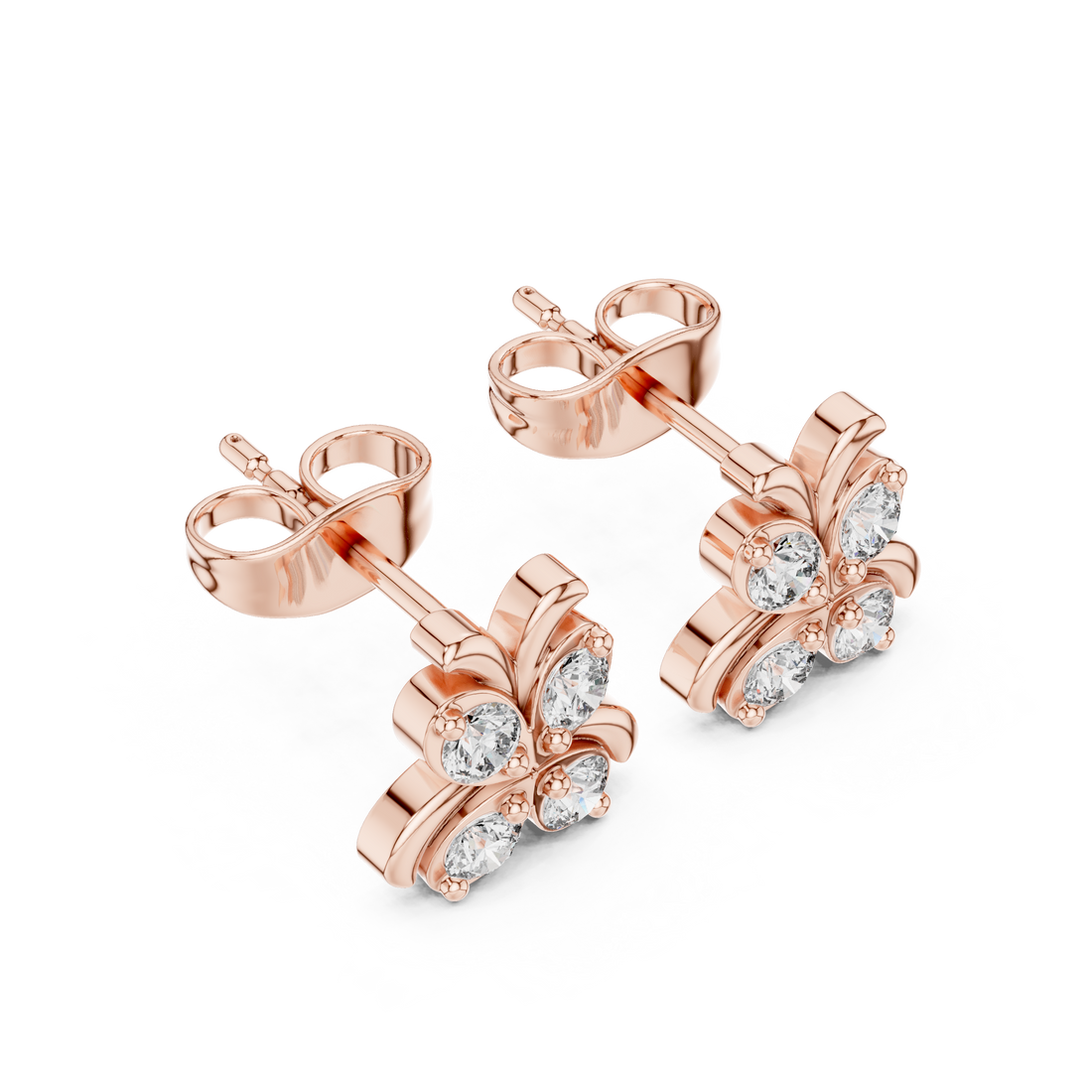 Round Brilliant Diamond Floral Butterfly Cluster Stud Earrings