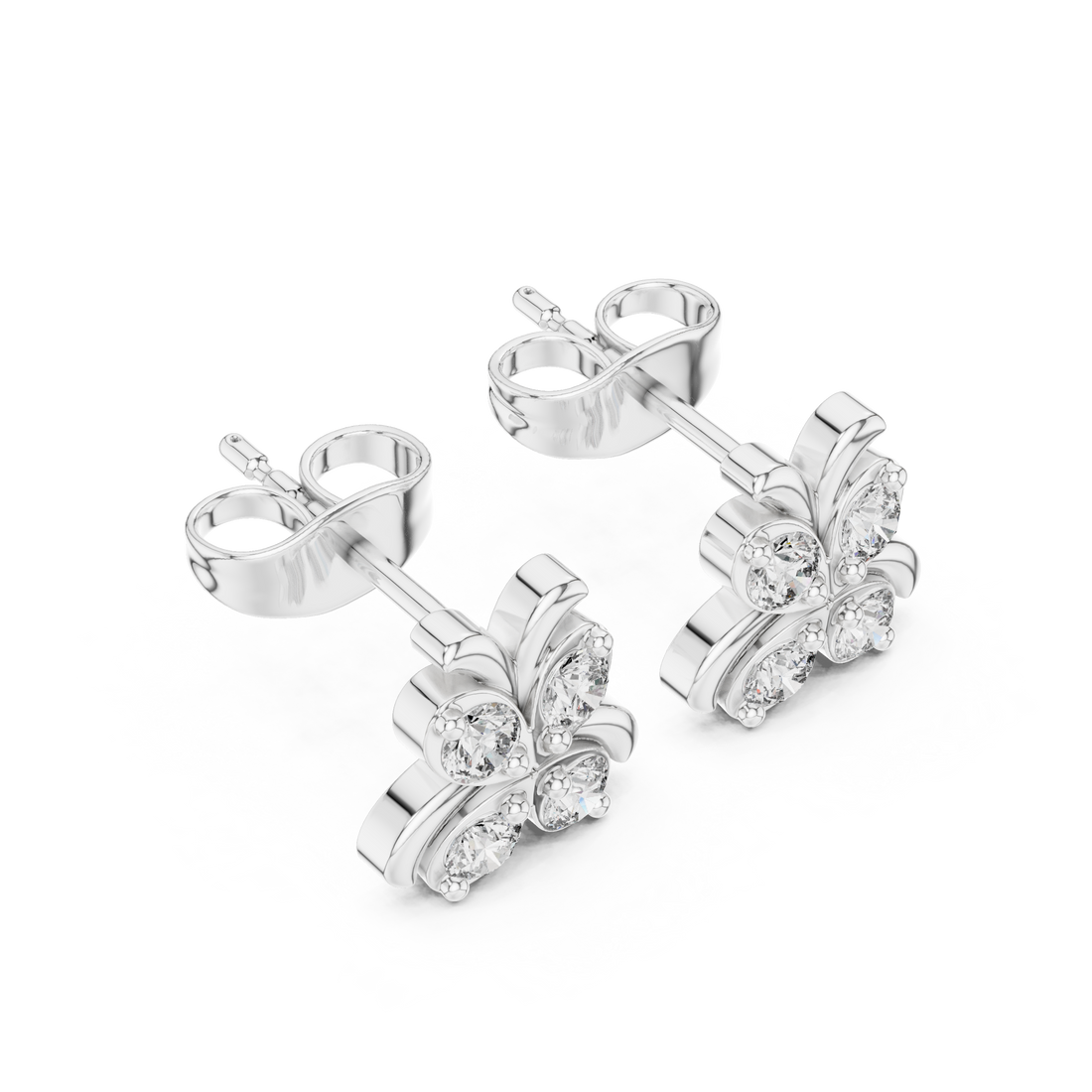 Round Brilliant Diamond Floral Butterfly Cluster Stud Earrings