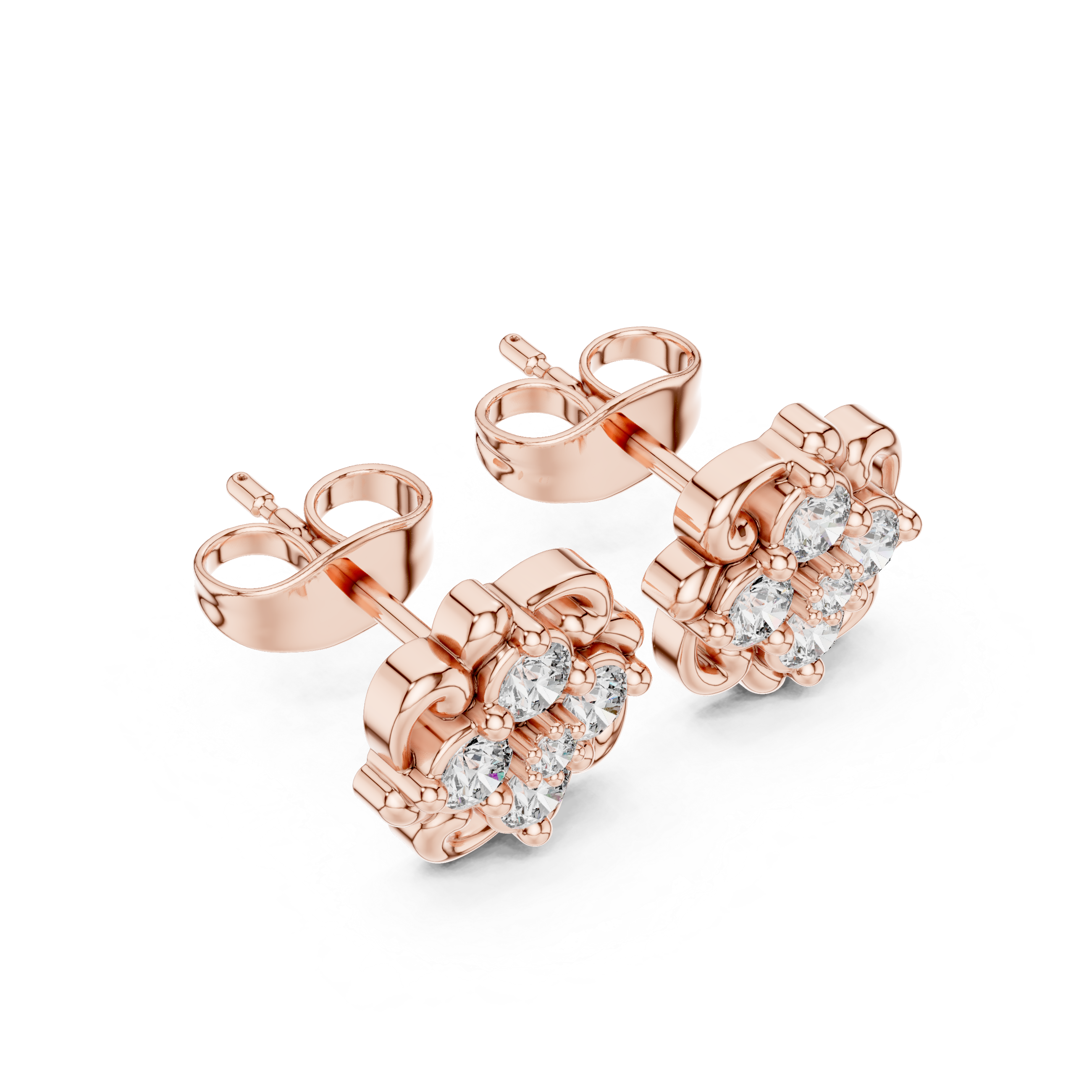 Round Brilliant Diamond Floral Cluster Collet Set Classic Stud Earrings