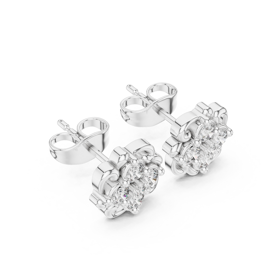 Round Brilliant Diamond Floral Cluster Collet Set Classic Stud Earrings