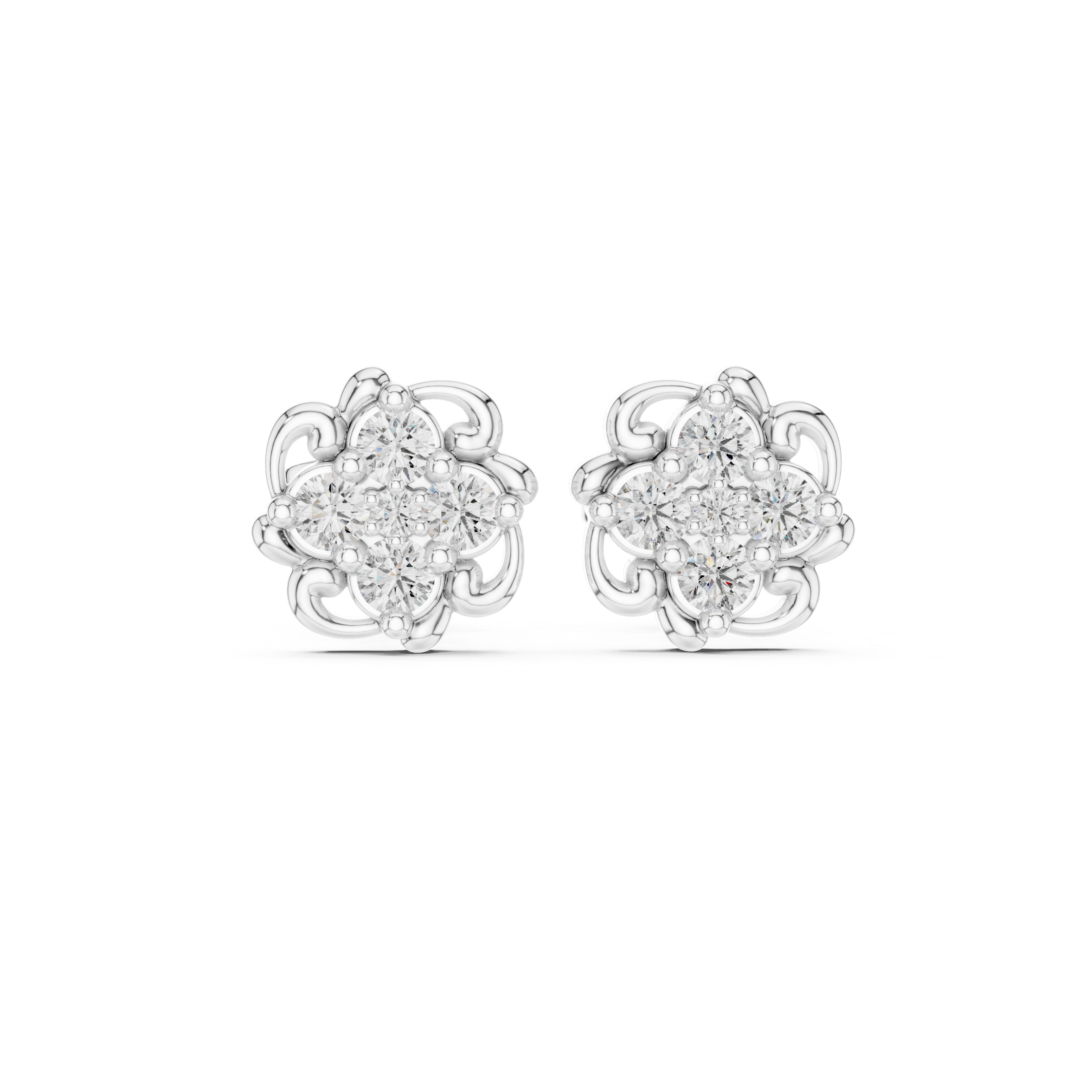 Round Brilliant Diamond Floral Cluster Collet Set Classic Stud Earrings