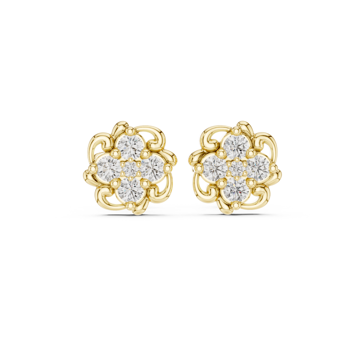 Round Brilliant Diamond Floral Cluster Collet Set Classic Stud Earrings