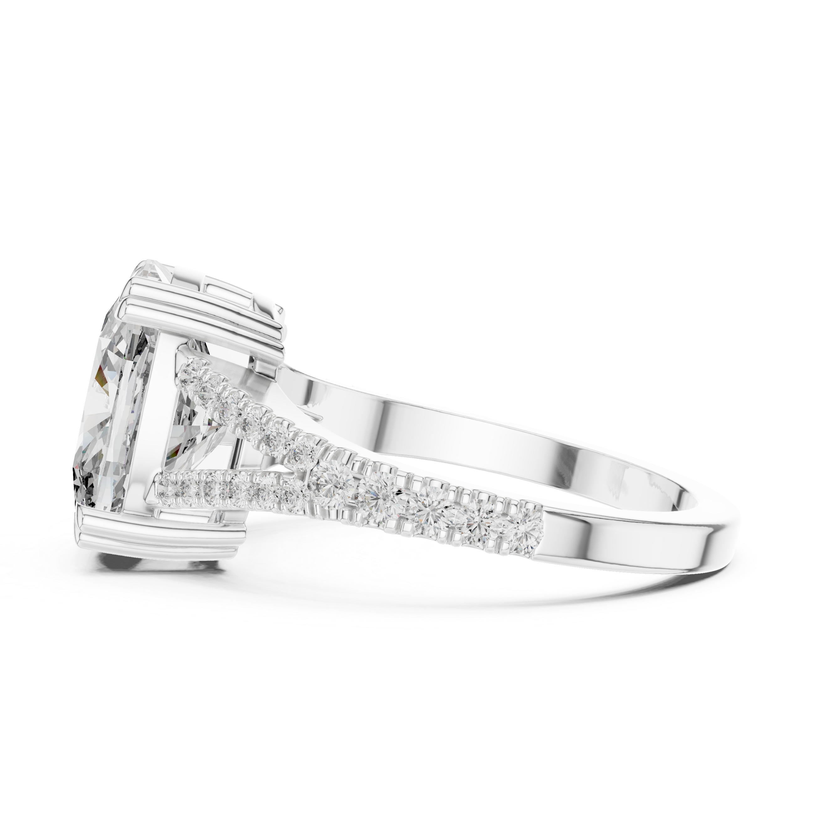 Elongated Cushion Cut Diamond Solitaire Ring with Pavé Set Shoulders