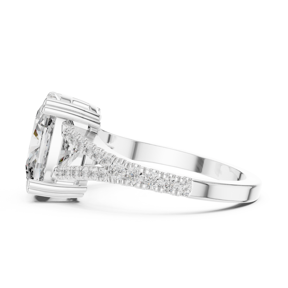 Elongated Cushion Cut Diamond Solitaire Ring with Pavé Set Shoulders