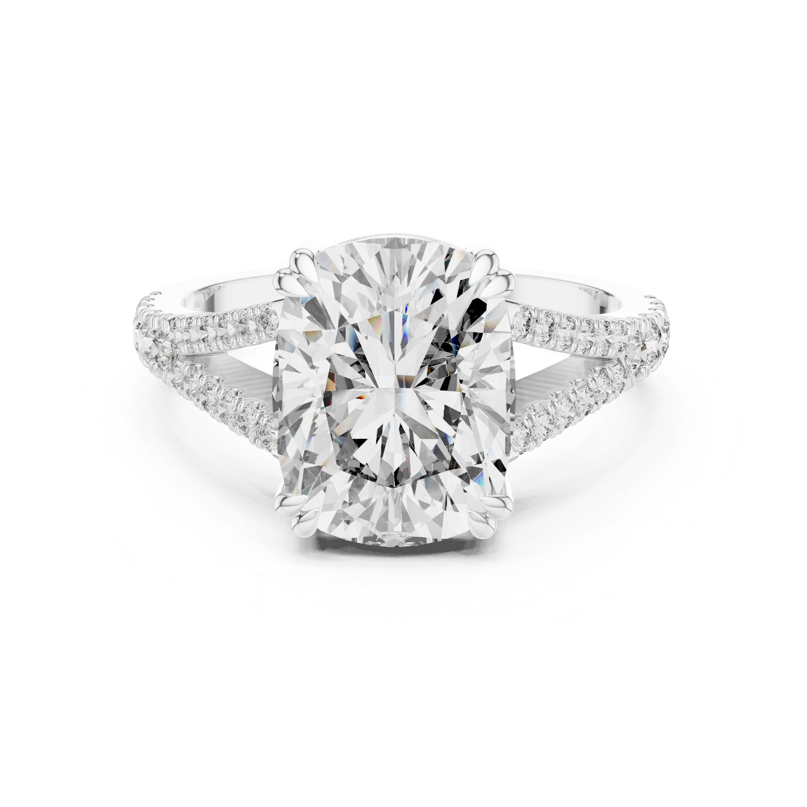 Elongated Cushion Cut Diamond Solitaire Ring with Pavé Set Shoulders