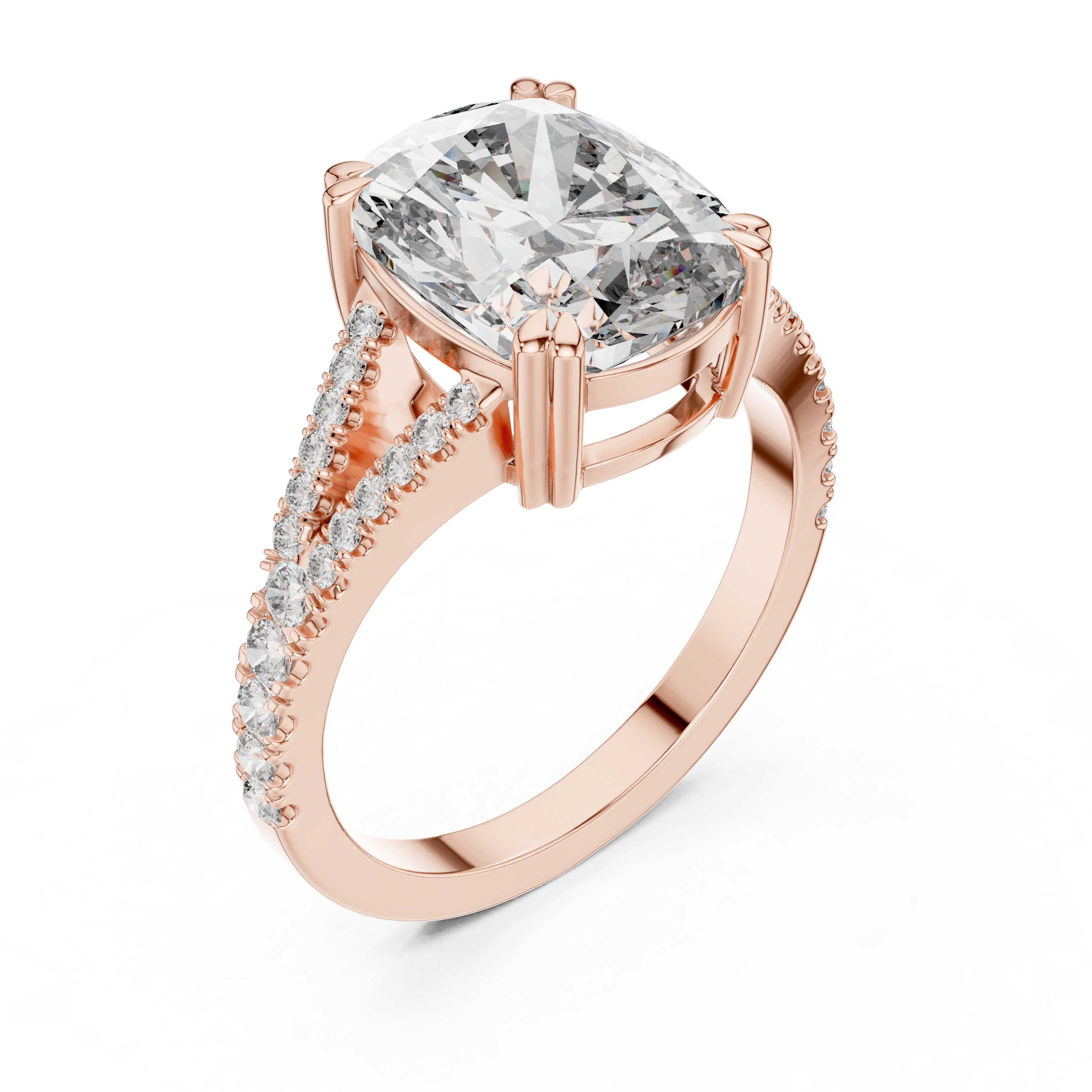 Elongated Cushion Cut Diamond Solitaire Ring with Pavé Set Shoulders