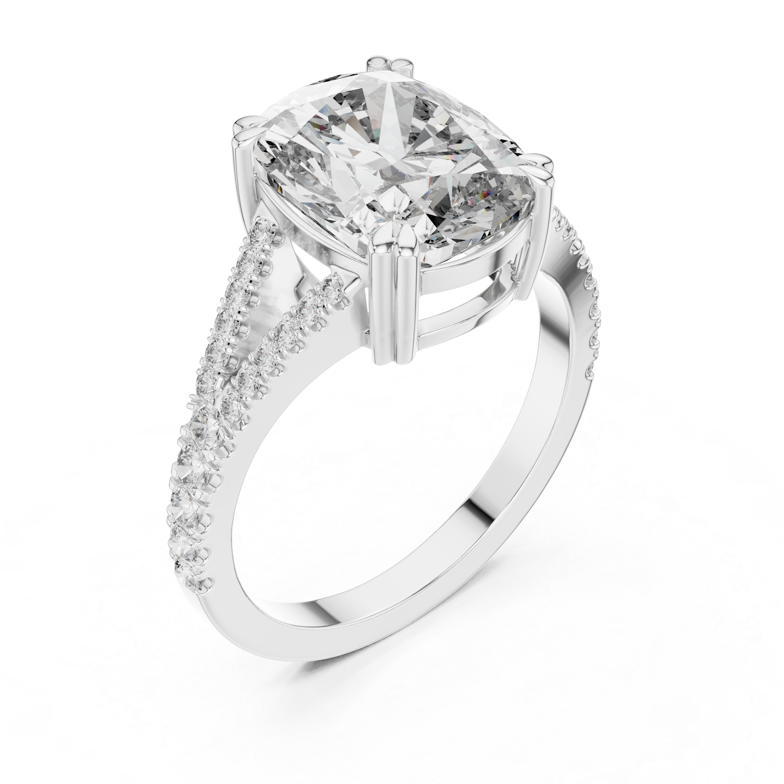 Elongated Cushion Cut Diamond Solitaire Ring with Pavé Set Shoulders