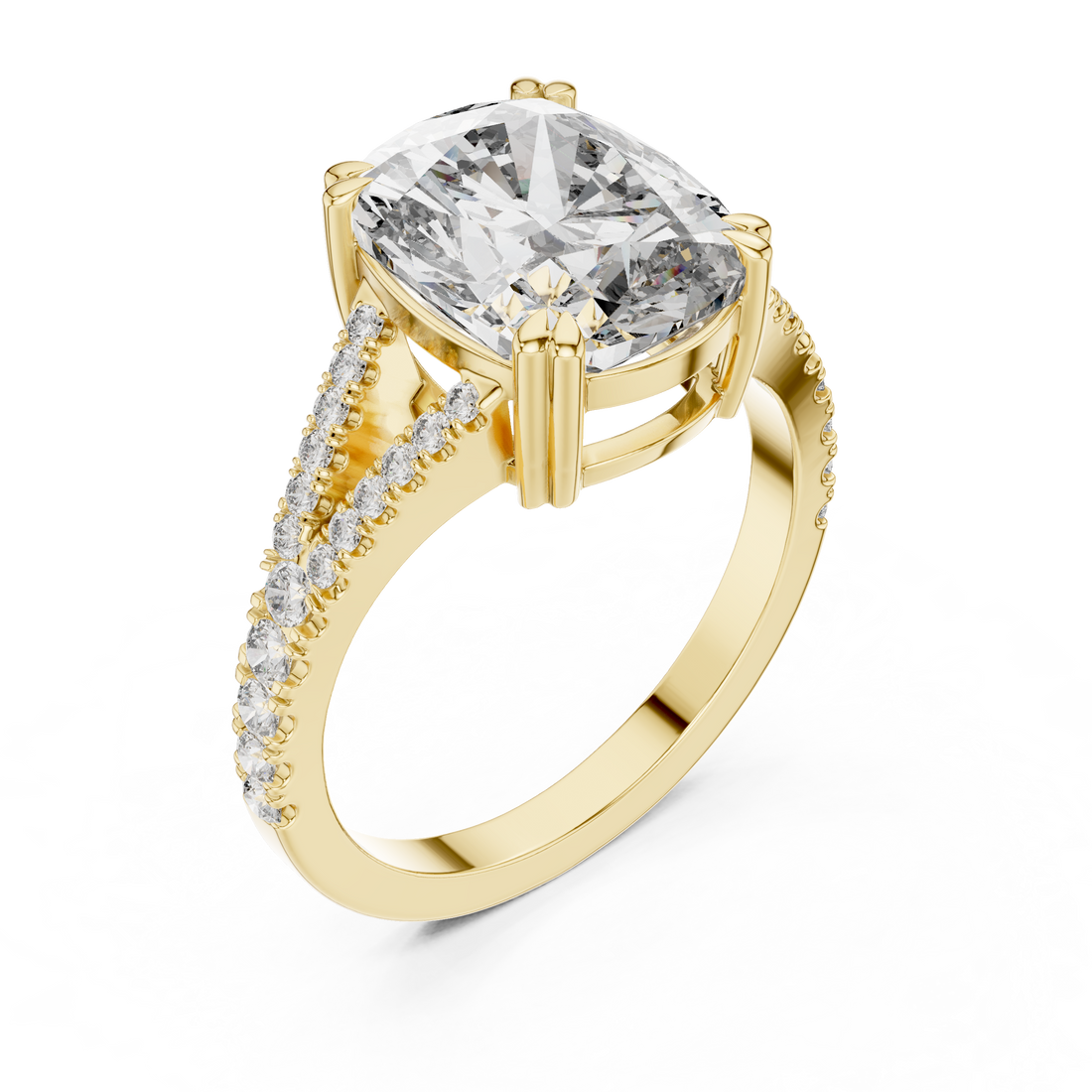 Elongated Cushion Cut Diamond Solitaire Ring with Pavé Set Shoulders