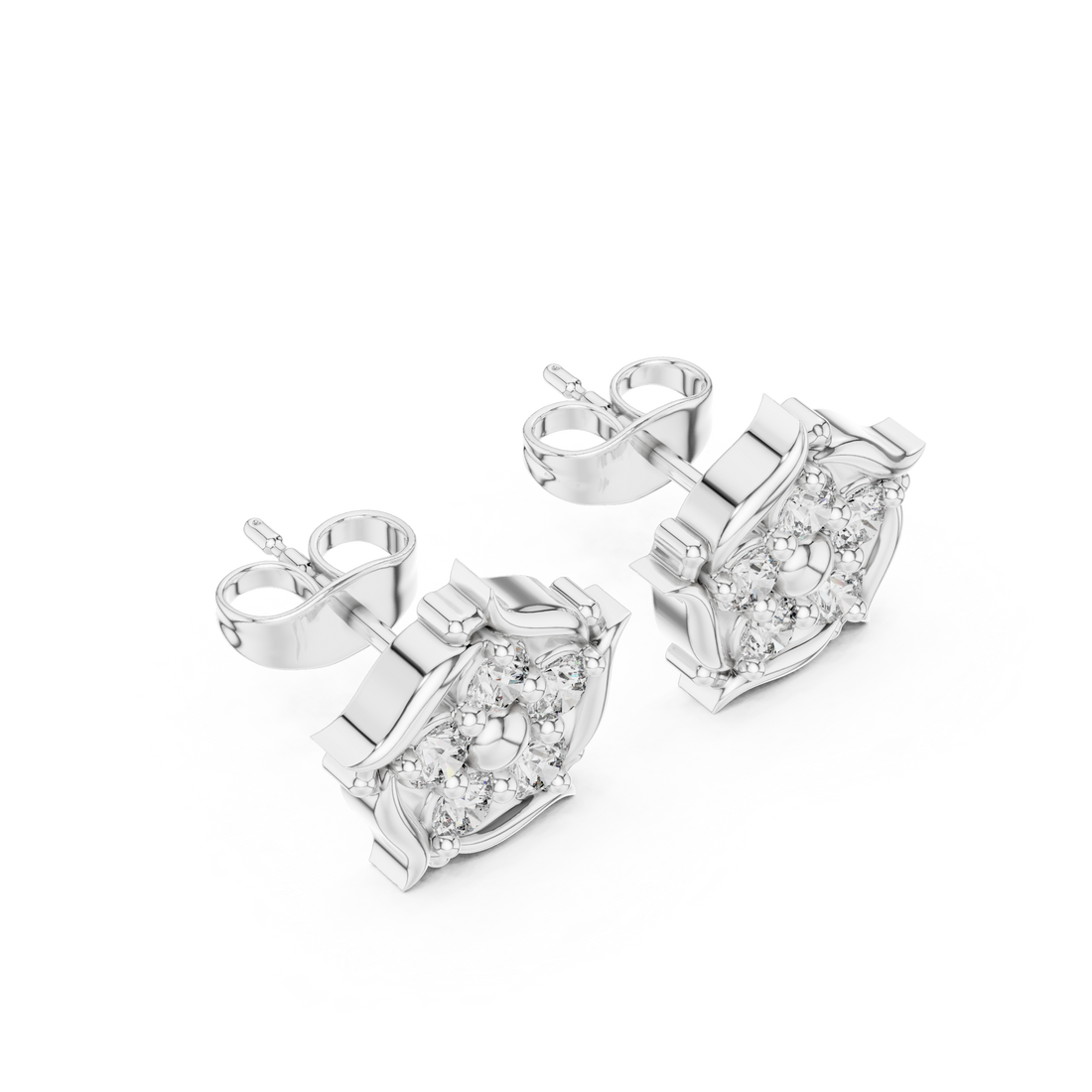 Round Brilliant Diamond Floral Starburst Cluster Collet Set Classic Stud Earrings