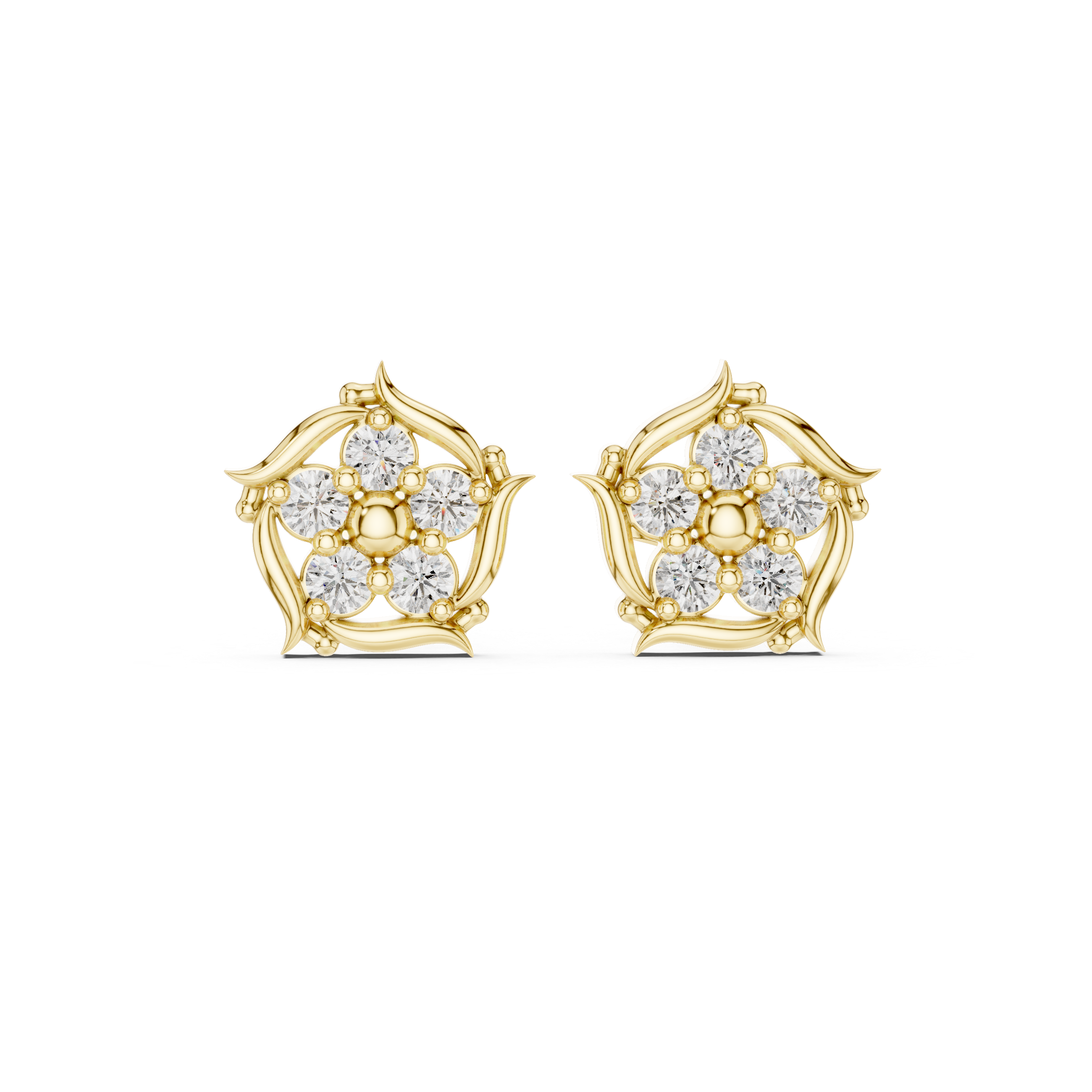 Round Brilliant Diamond Floral Starburst Cluster Collet Set Classic Stud Earrings